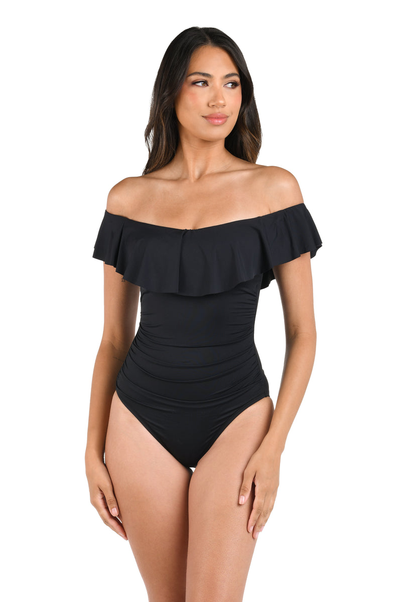 Island Goddess Off Shoulder Ruffle One Piece - Black