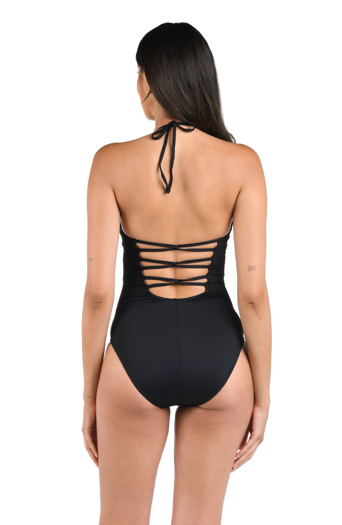 Model is wearing a black one piece swimsuit from our Best-Selling Island Goddess collection.