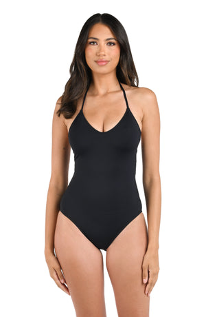 Model is wearing a black one piece swimsuit from our Best-Selling Island Goddess collection.