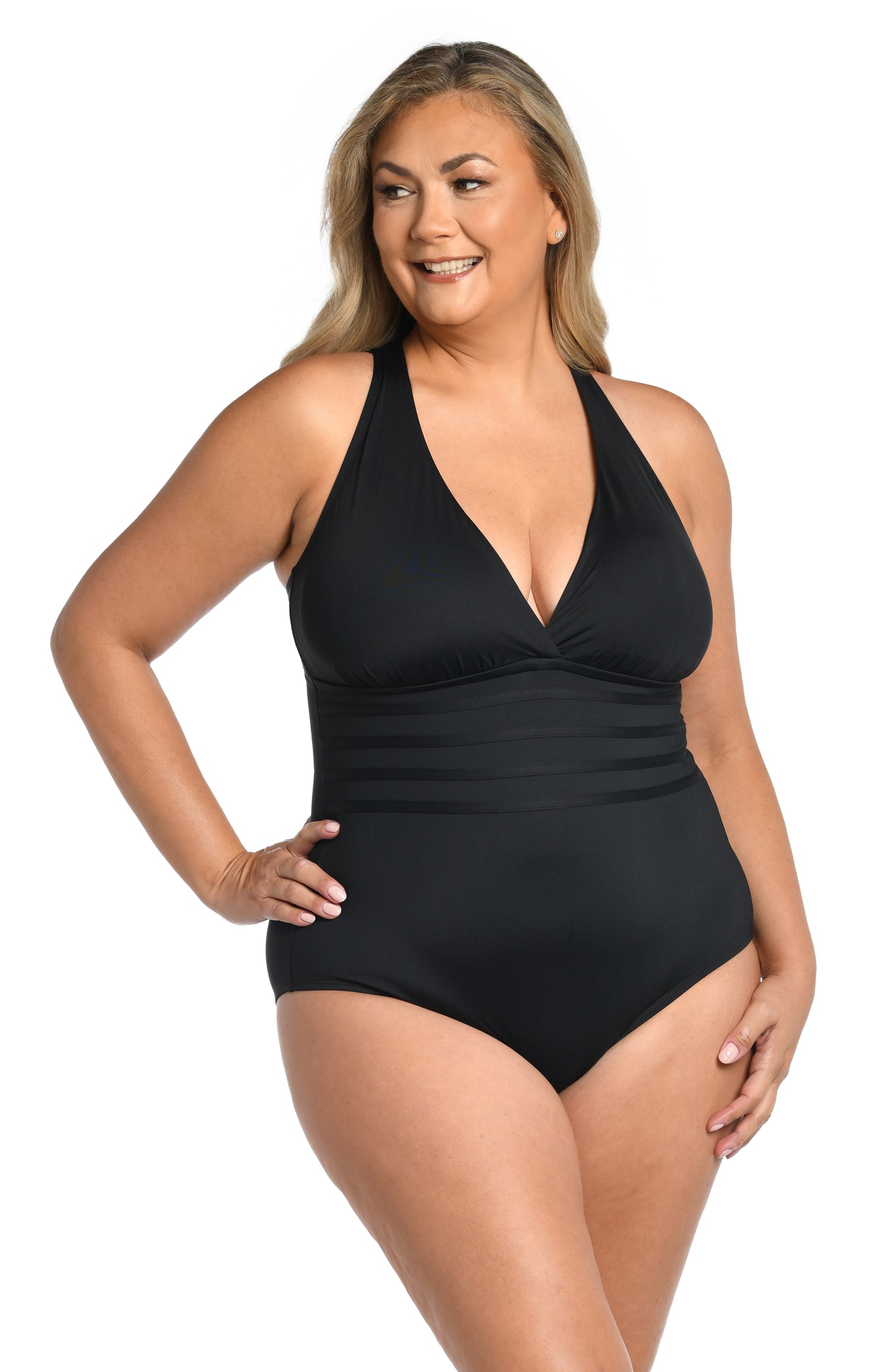 Model is wearing a black one piece swimsuit from our Best-Selling Island Goddess collection.