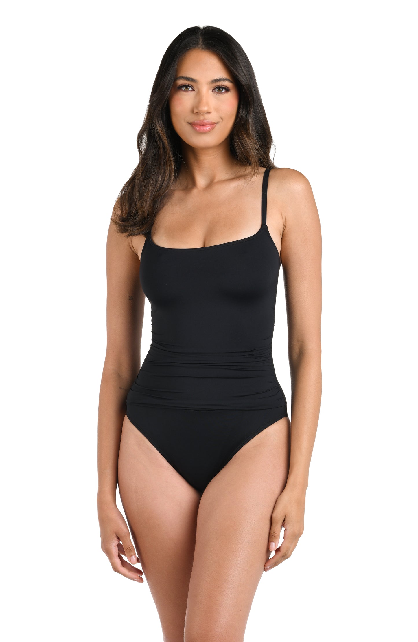 Model is wearing a black one piece swimsuit from our Best-Selling Island Goddess collection.