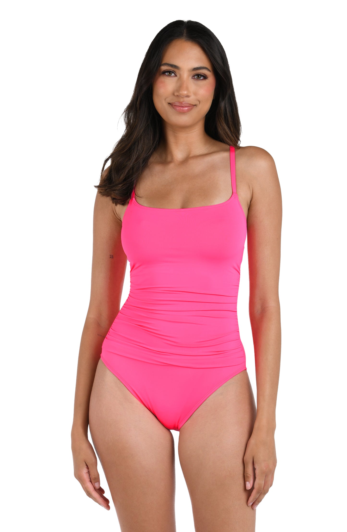 Front image of model wearing the Island Goddess Lingerie One Piece in Bright Pink.