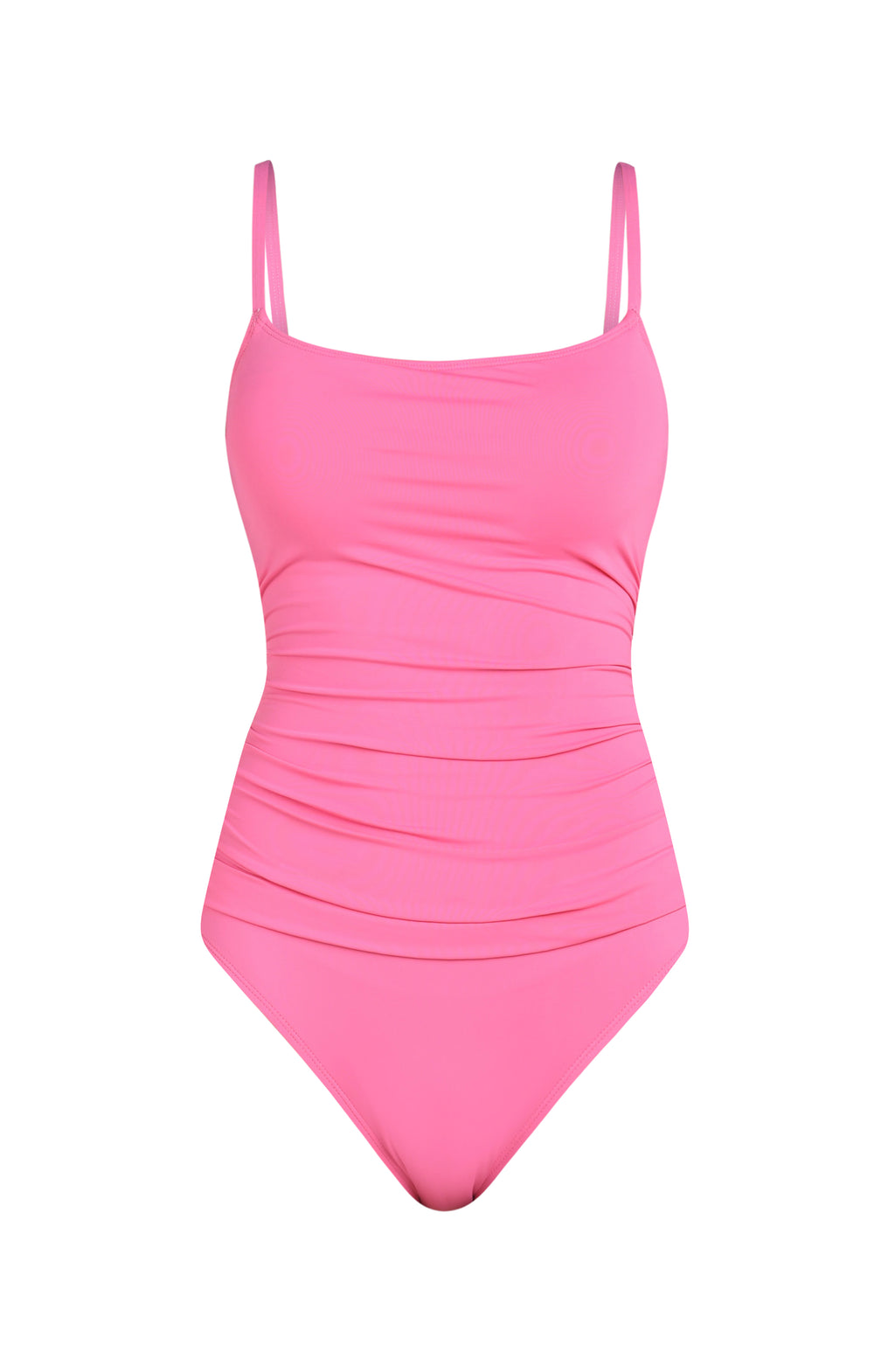 Floating image of a solid rose pink colored one-piece swimsuit with thin shoulder straps, a straight neckline, and ruched detailing at the waist.