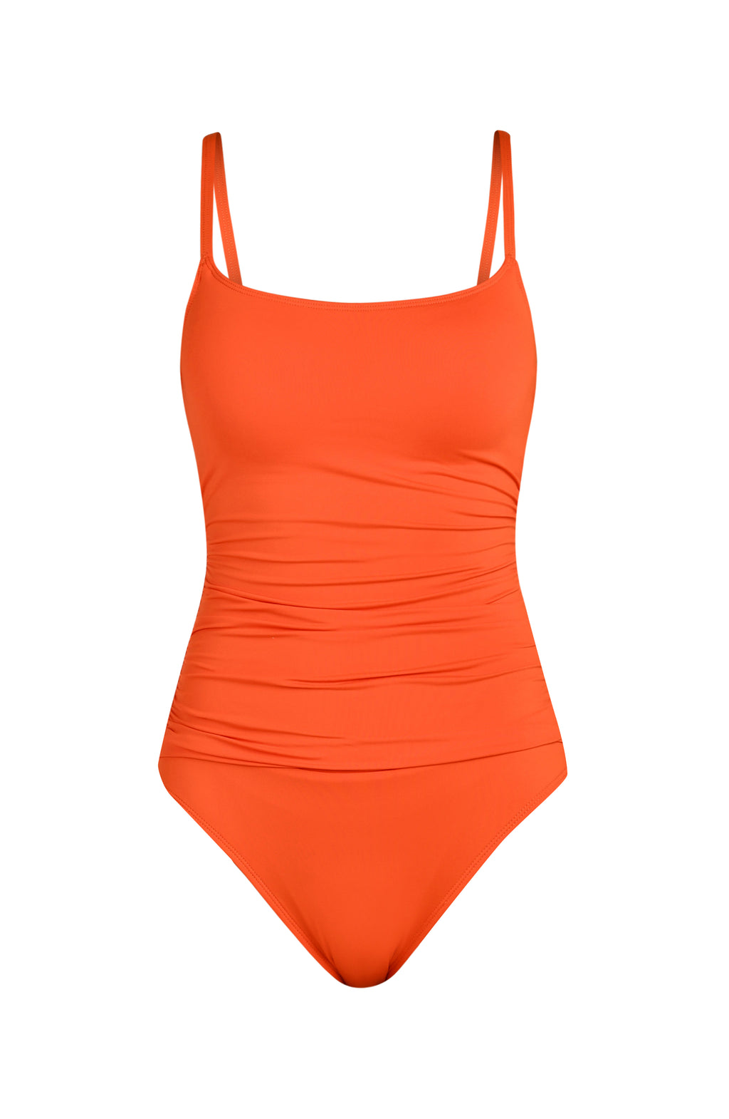 Floating image of a solid tangelo (orange) colored one-piece swimsuit with thin shoulder straps, a straight neckline, and ruched detailing at the waist.