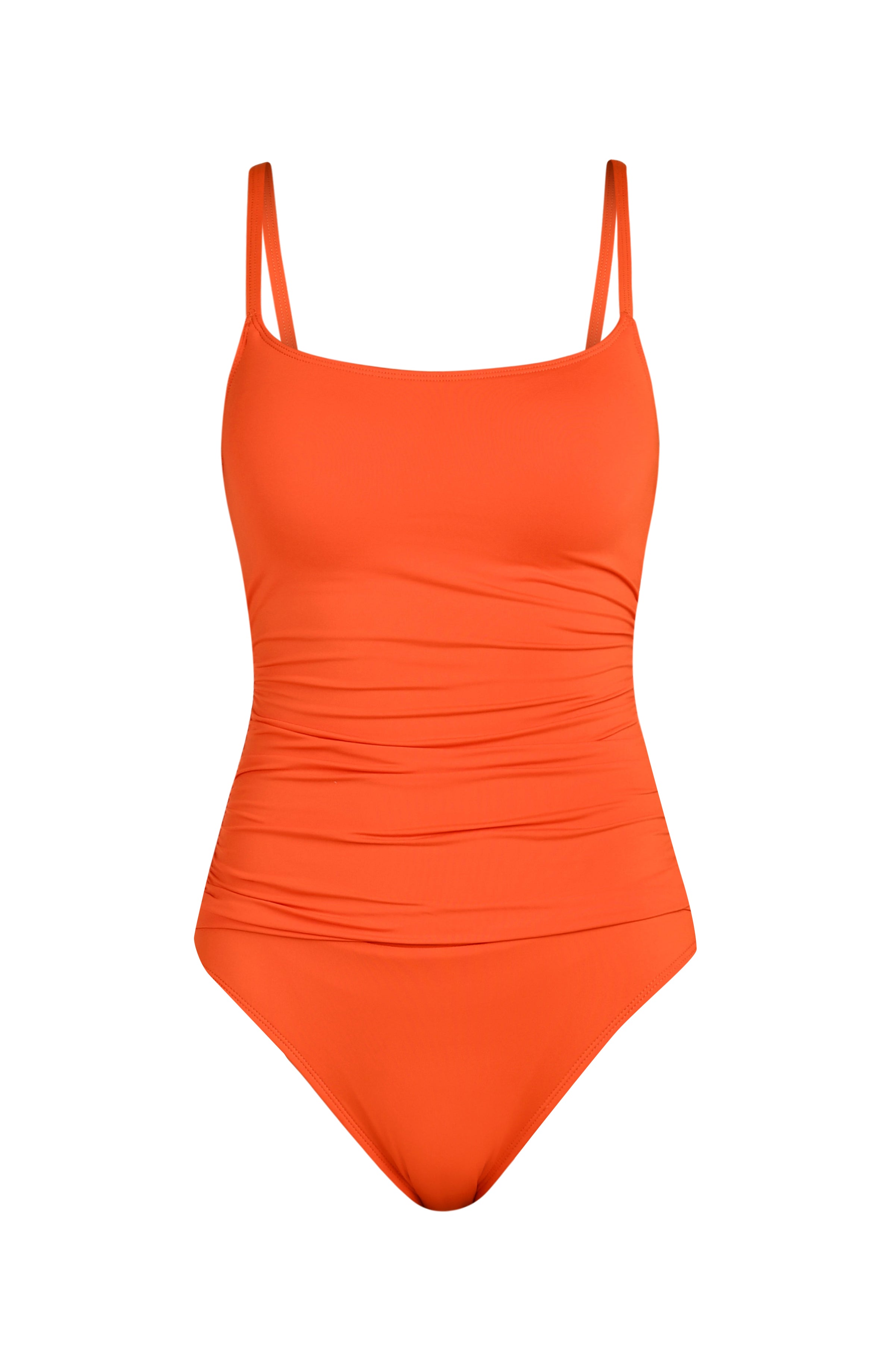Floating image of a solid tangelo (orange) colored one-piece swimsuit with thin shoulder straps, a straight neckline, and ruched detailing at the waist.
