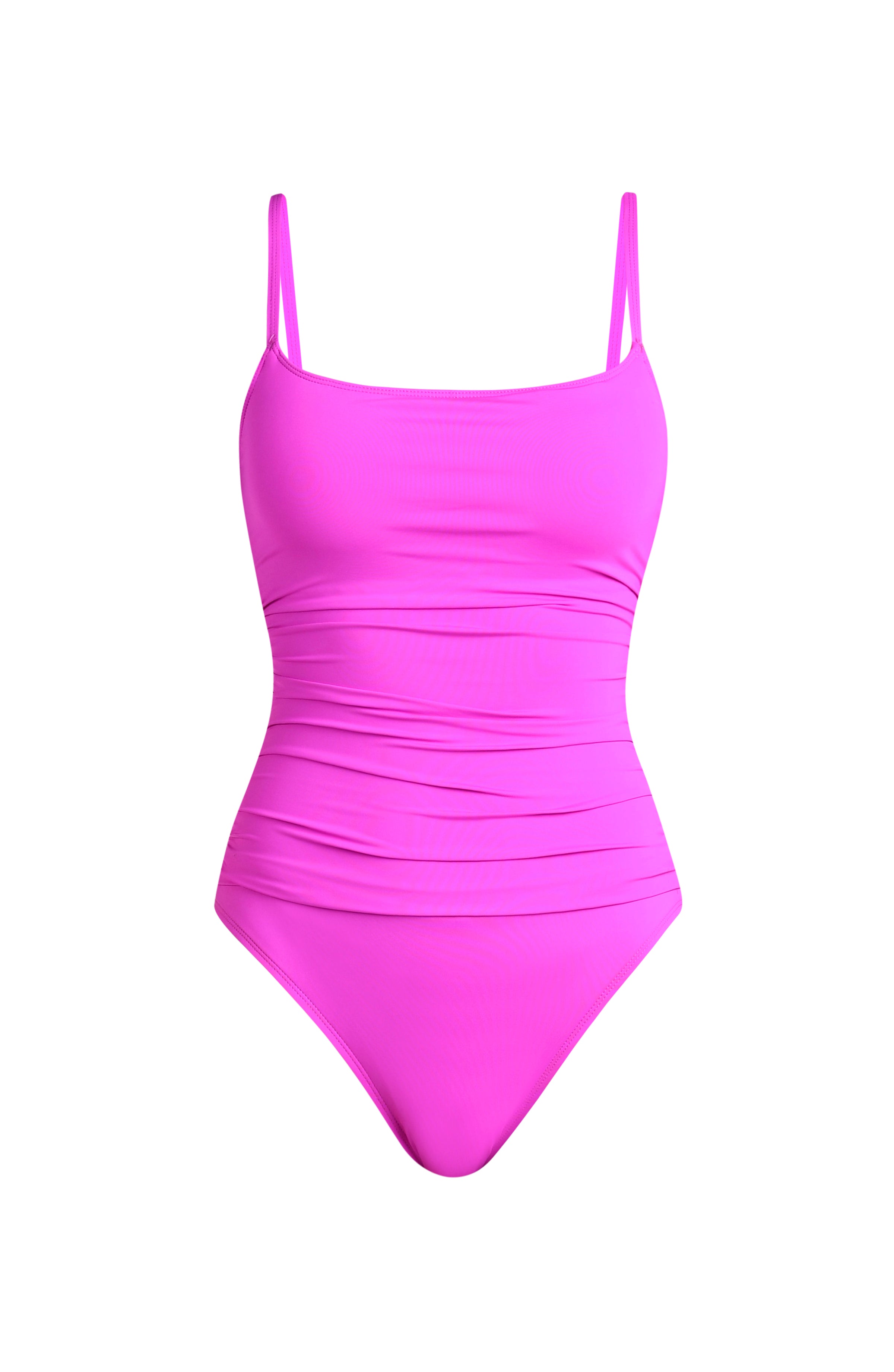 Violet colored one piece swimsuit with thin straps on a white background