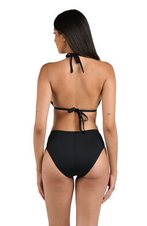 Model is wearing a black halter triangle swimsuit top from our Best-Selling Island Goddess collection.