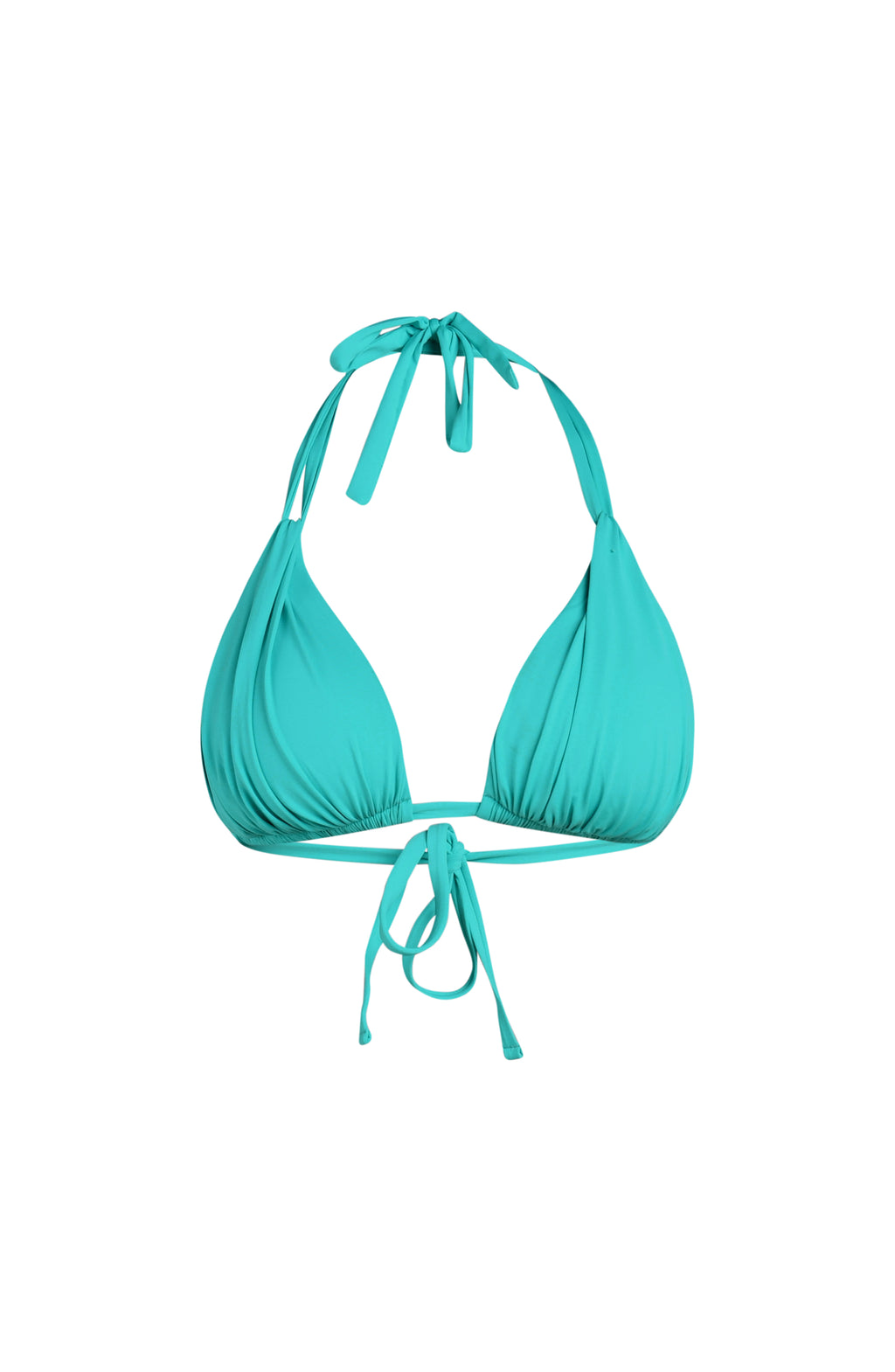 Floating image of a calypso colored halter bikini top with triangle cups and a tie at the neck.