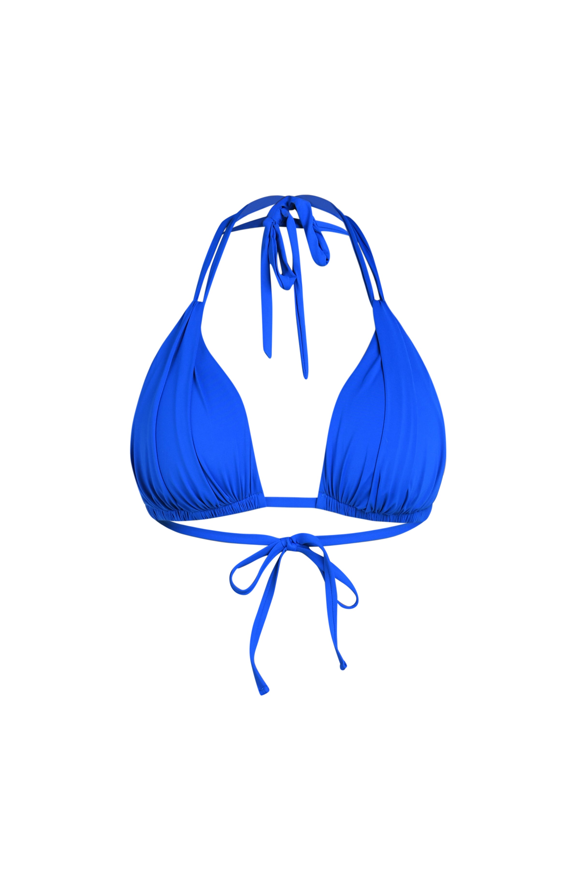 Floating image of a lapis (blue) colored halter bikini top with triangle cups and a tie at the neck.