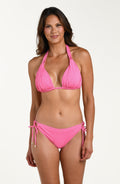 Front image of model wearing a rose pink colored halter bikini top with triangle cups and a tie at the neck. This is paired with matching bikini bottoms.