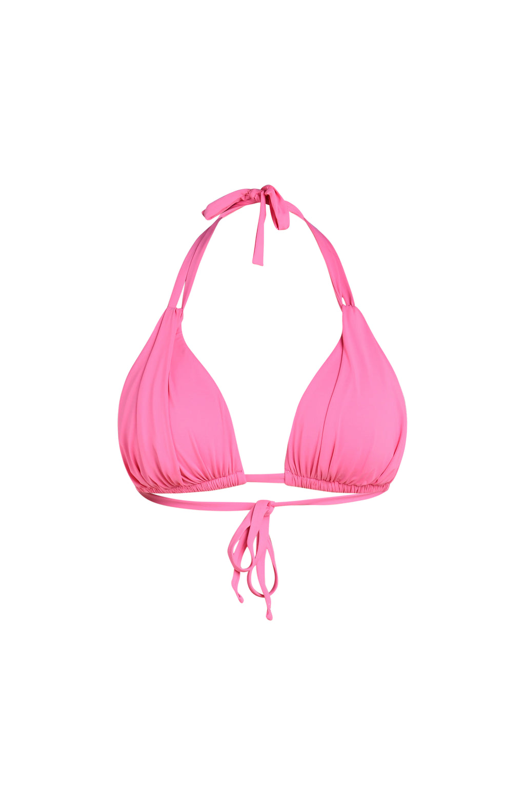 Floating image of a rose pink colored halter bikini top with triangle cups and a tie at the neck.