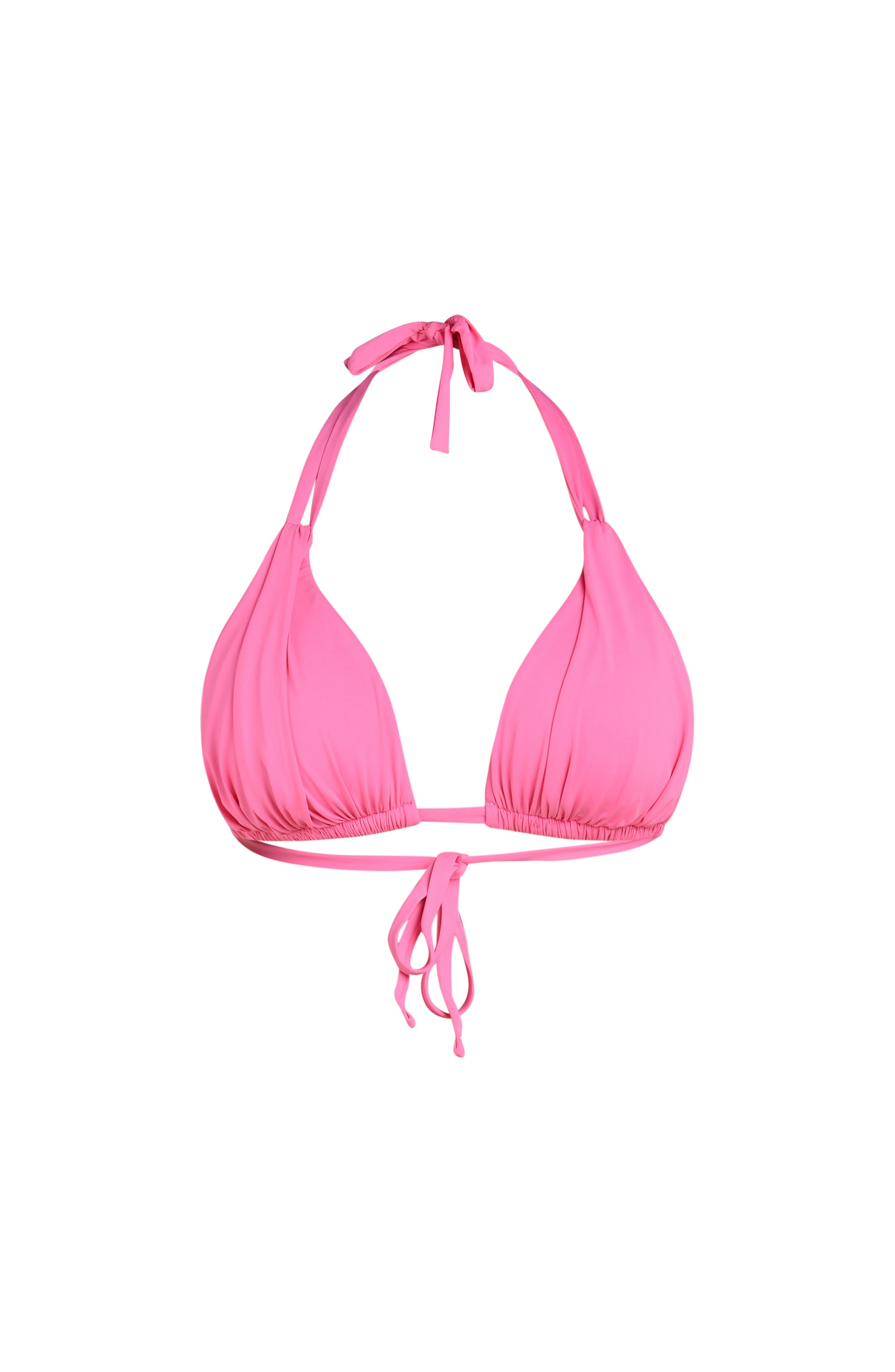 Floating image of a rose pink colored halter bikini top with triangle cups and a tie at the neck.