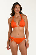 Front image of model wearing a tangelo (orange) colored halter bikini top with triangle cups and a tie at the neck. This is paired with matching bikini bottoms.