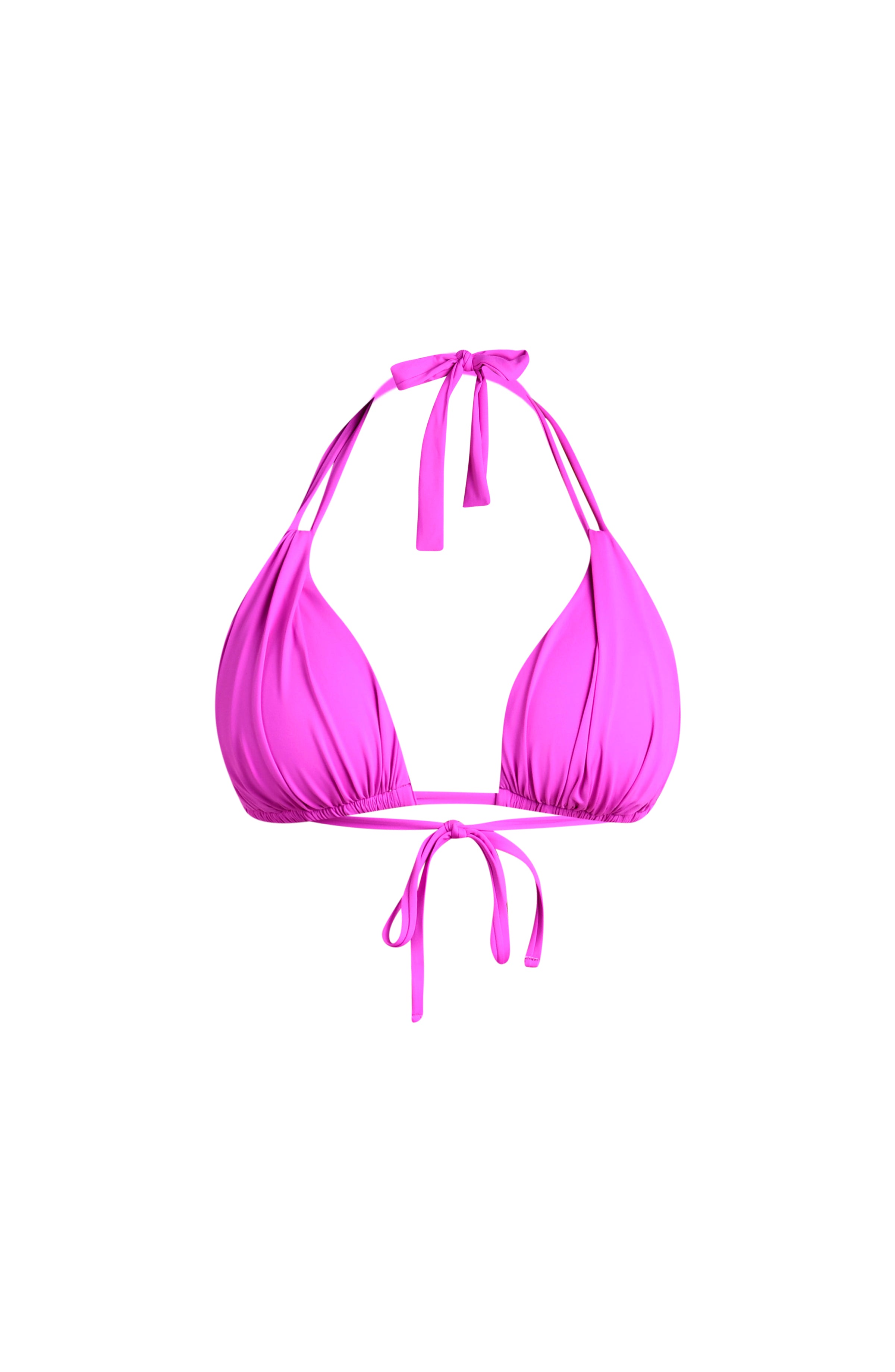 Violet colored bikini top against a white background. 