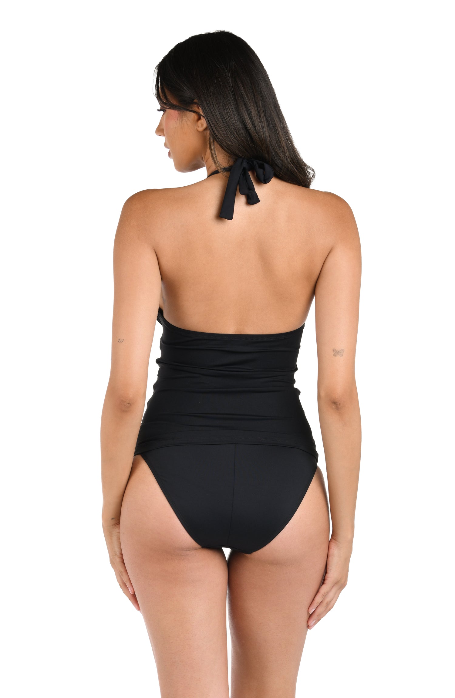 Model is wearing a black halter tankini swimsuit top from our Best-Selling Island Goddess collection.