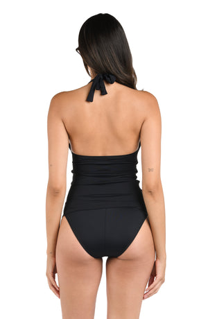 Model is wearing a black halter tankini swimsuit top from our Best-Selling Island Goddess collection.