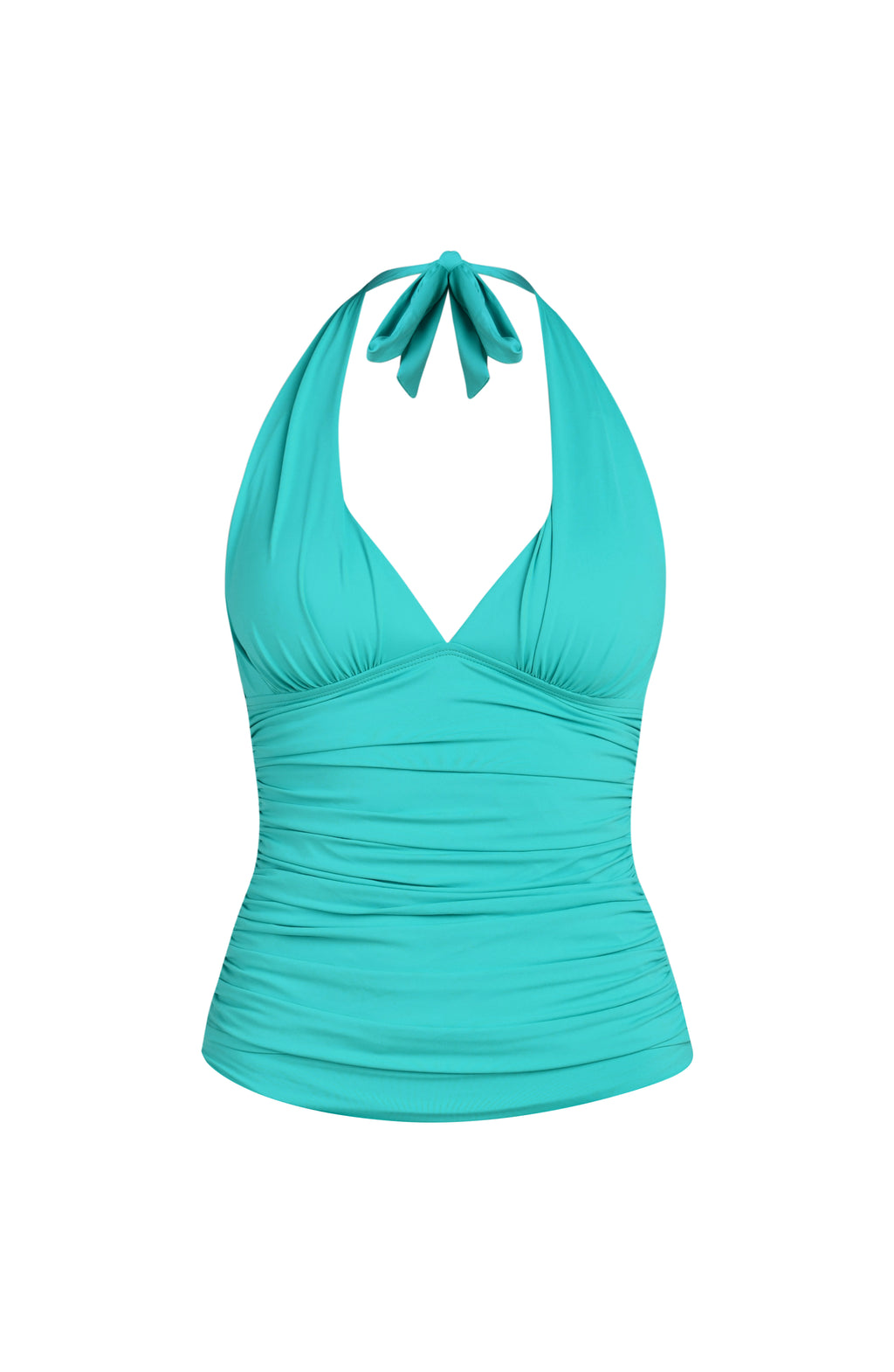 Floating image of a calypso colored halter-neck tankini top with a plunging neckline and ruched detailing.