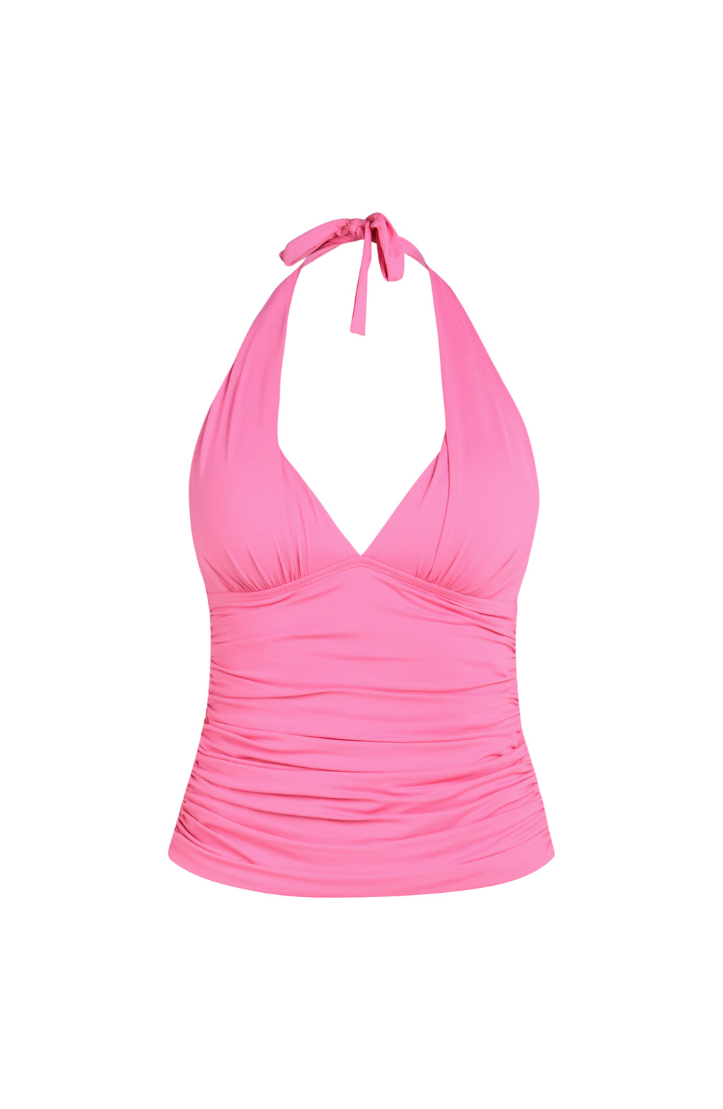 Floating image of a rose pink colored halter-neck tankini top with a plunging neckline and ruched detailing.