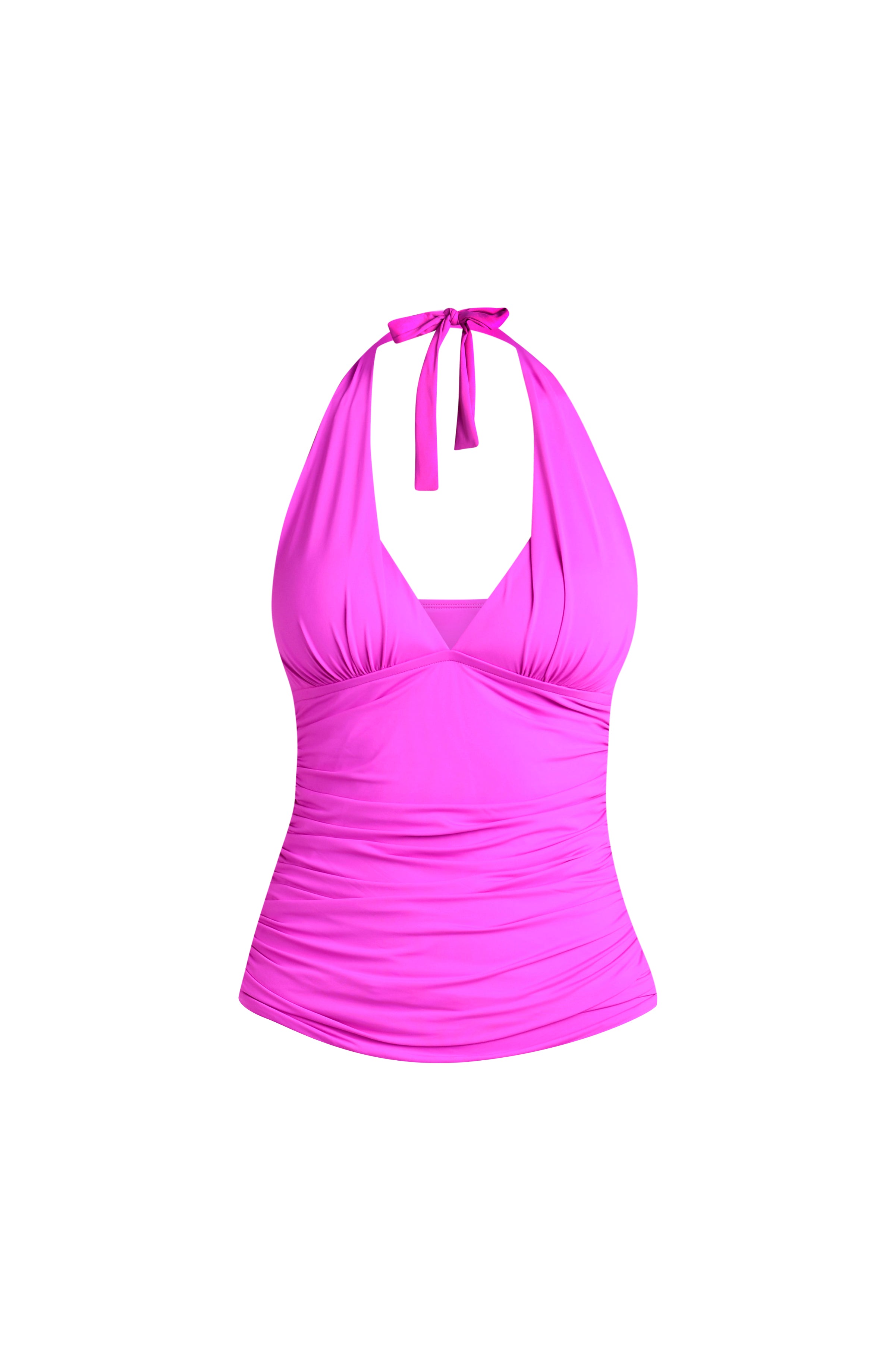 Violet colored halter tankini swimsuit top on a white background