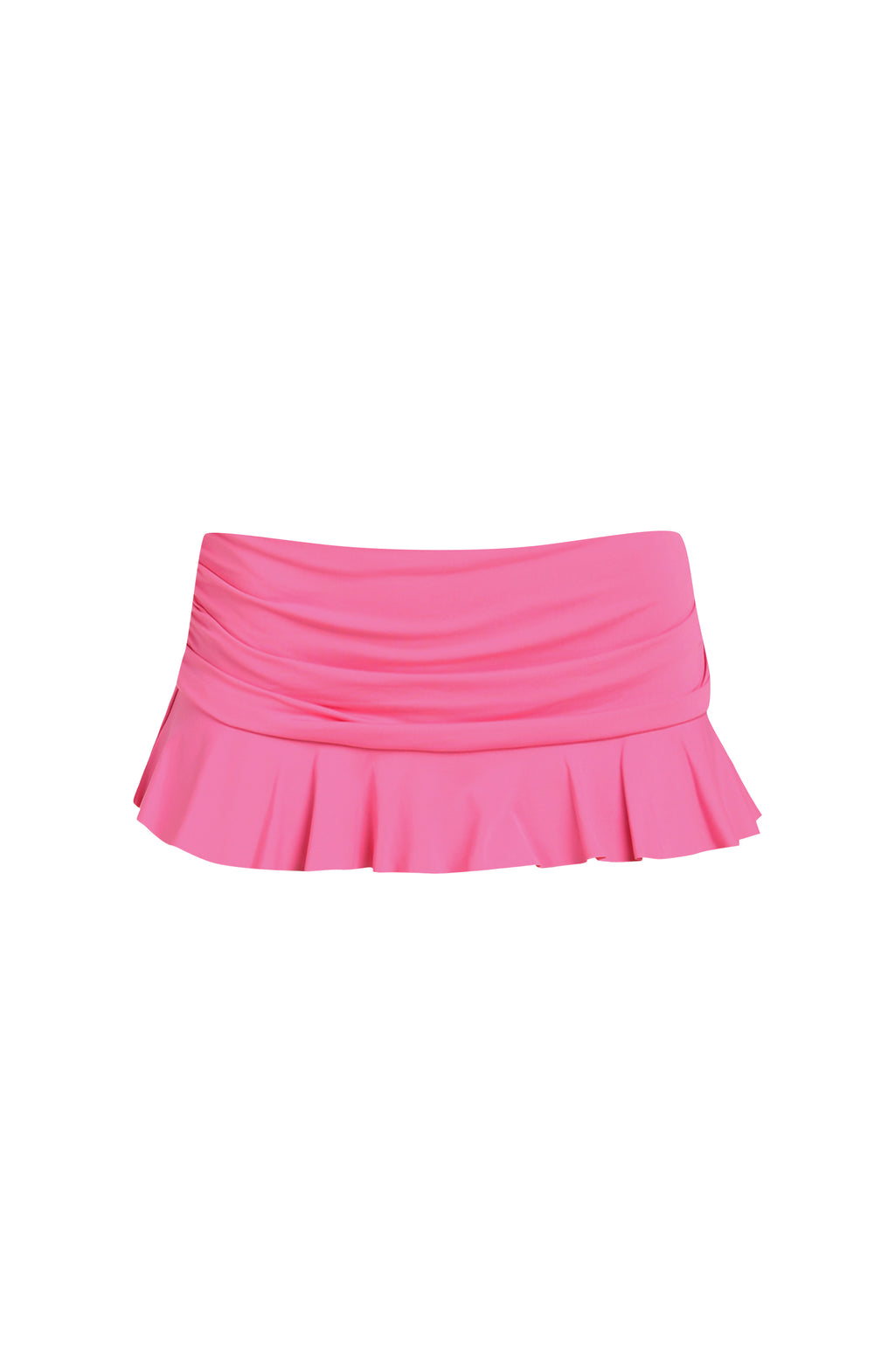 Floating image of a rose pink colored swim skirt with a ruched waistband and a flared ruffle hem. 
