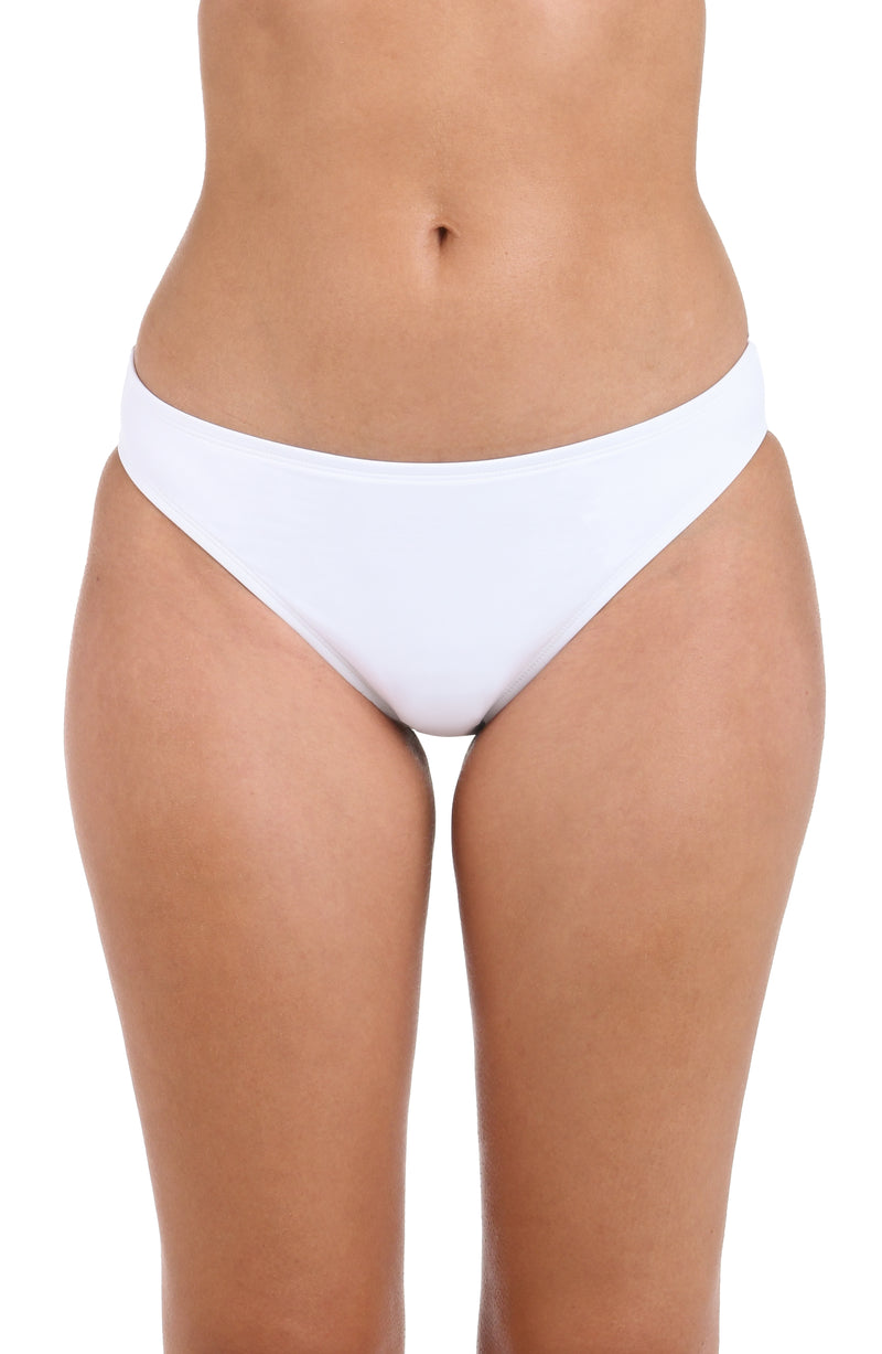 Model is wearing a white hipster swimsuit bottom from our Best-Selling Island Goddess collection.