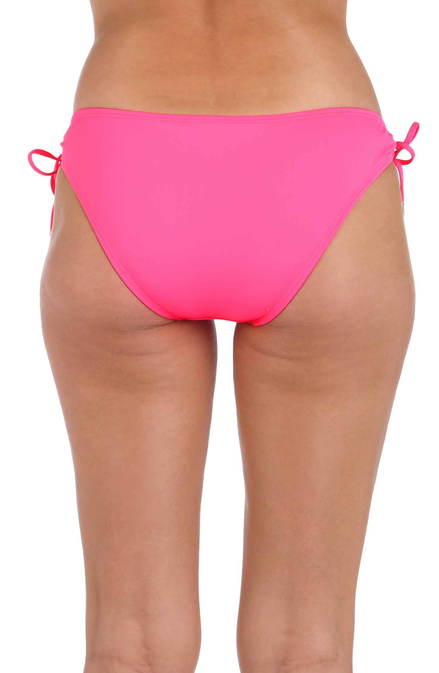 Back image of model wearing the Island Goddess Side Tie Hipster Bottom in Bright Pink.