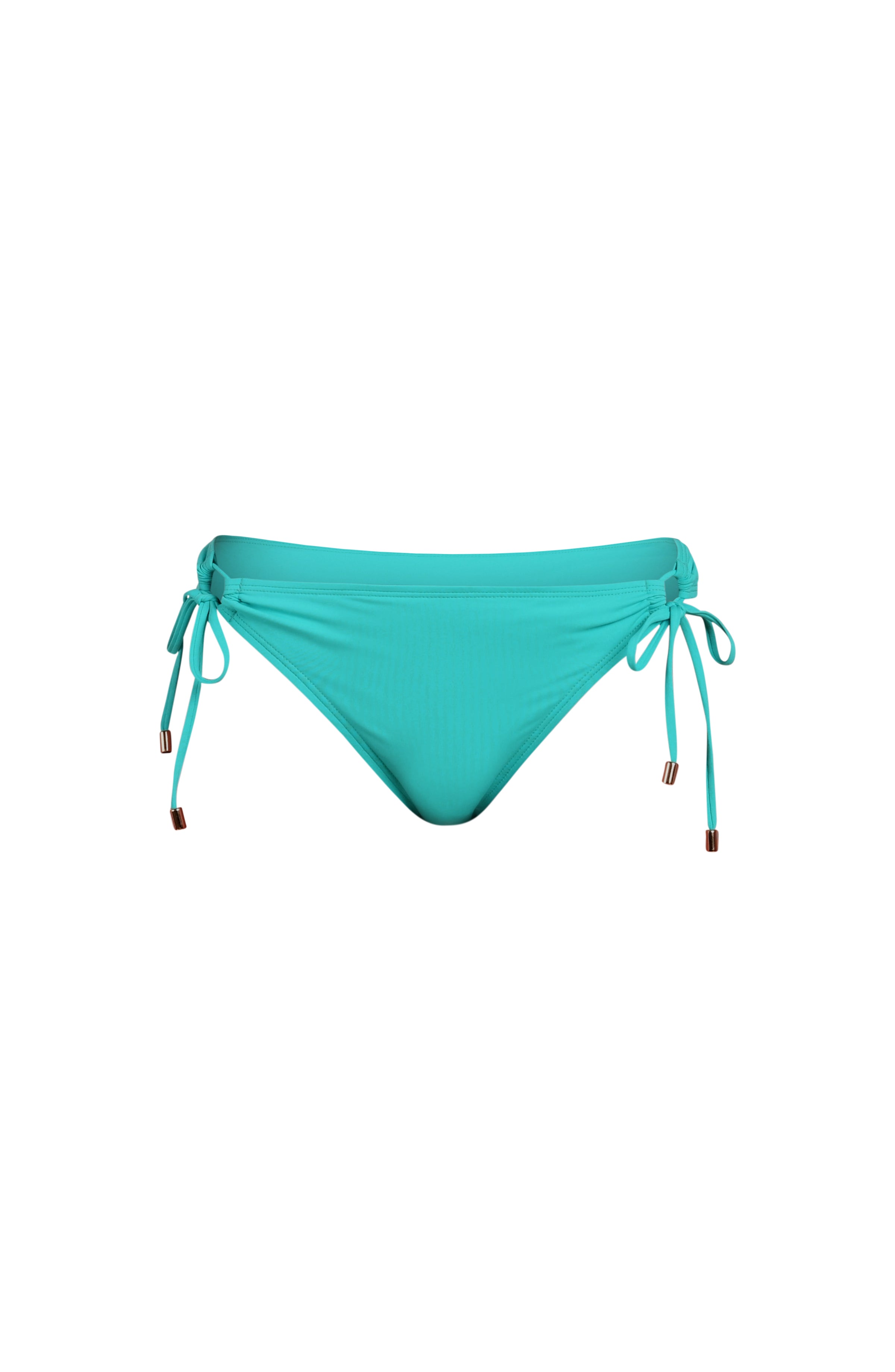 Floating image of calypso colored bikini bottoms with adjustable side ties accented with gold tips.