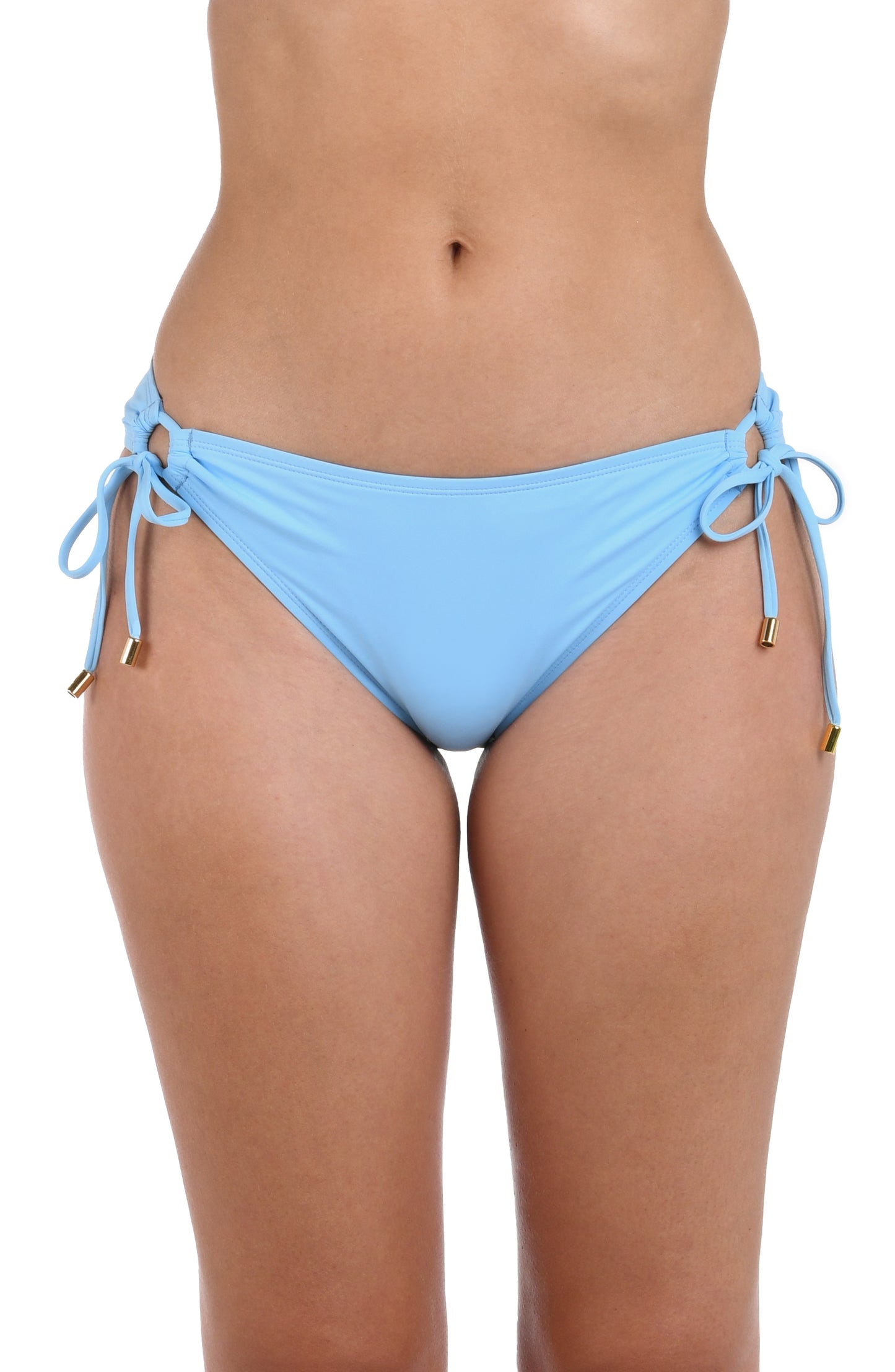 Front image of model wearing the Island Goddess Side-Tie Hipster Swimsuit Bottom in Crystal Blue.