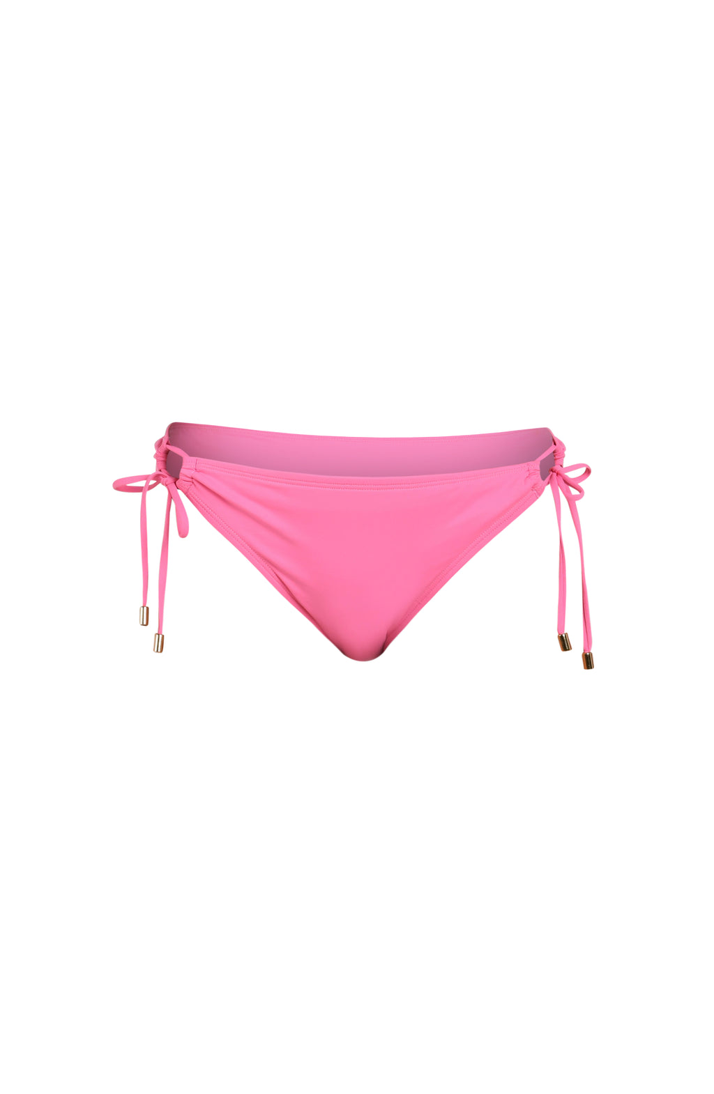 Floating image of rose pink colored bikini bottoms with adjustable side ties accented with gold tips.