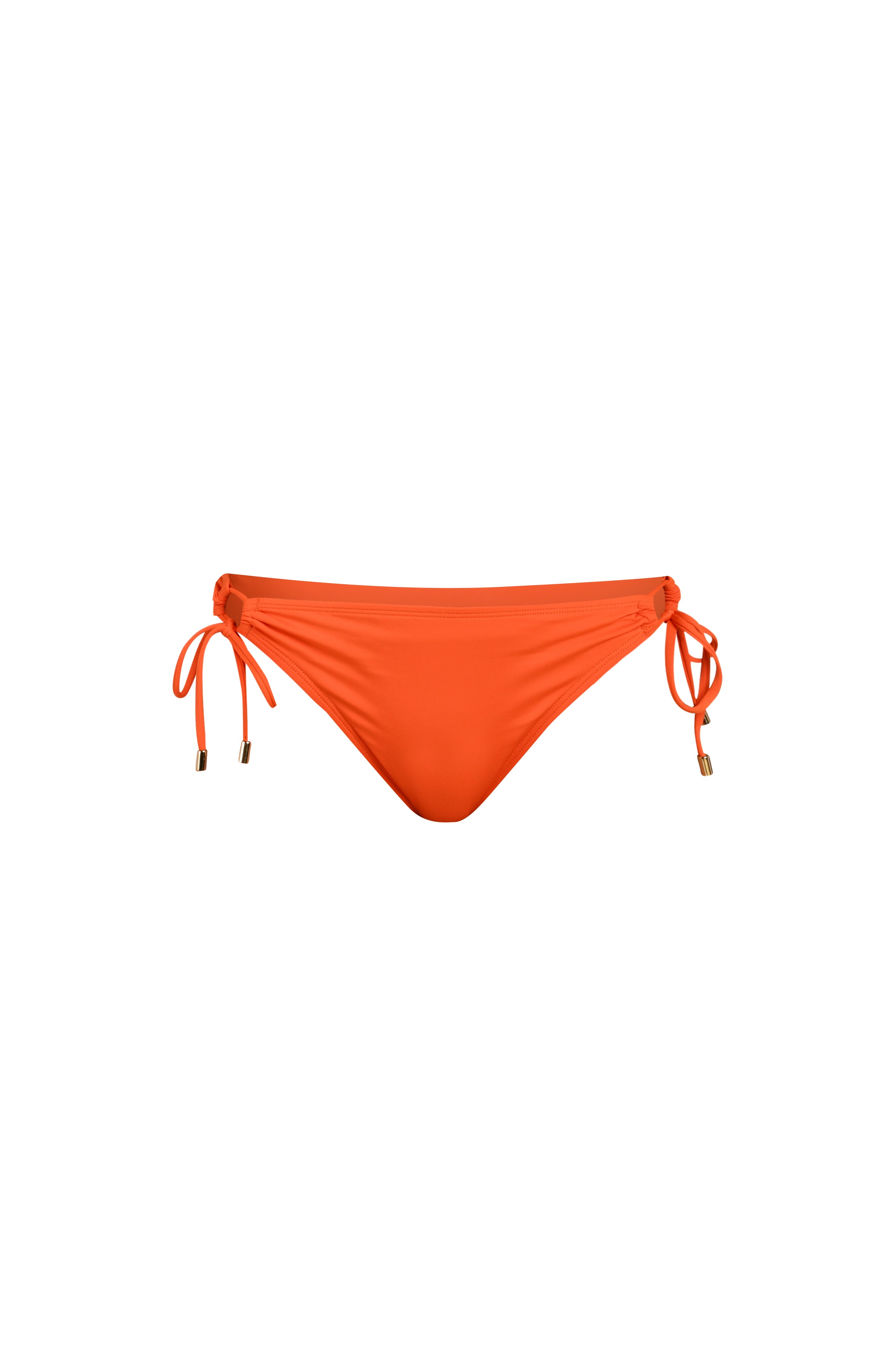 Floating image of tangelo (orange) colored bikini bottoms with adjustable side ties accented with gold tips.