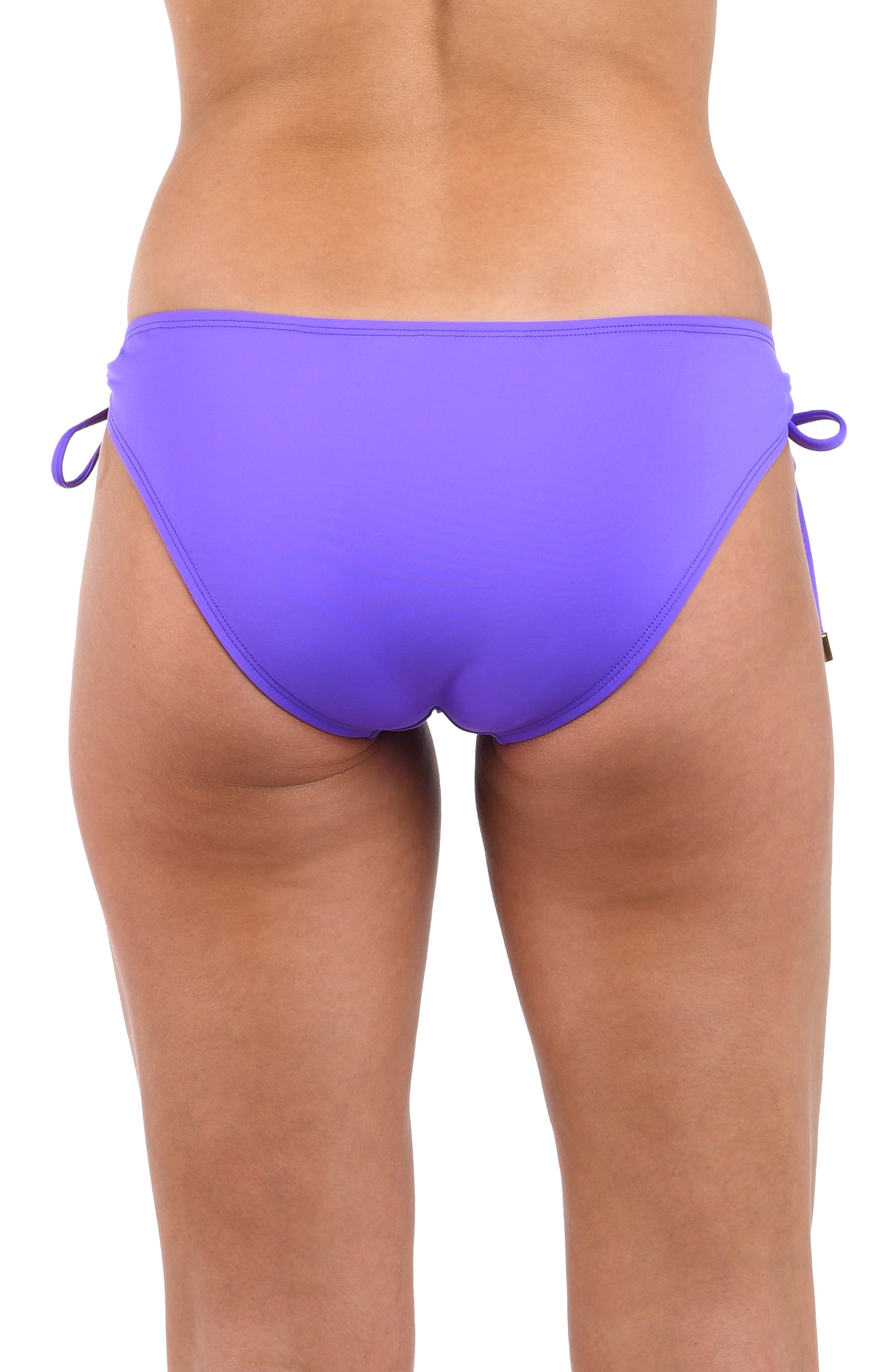 Back image of model wearing the Island Goddess Side Tie Hipster Bottom in Ultraviolet.