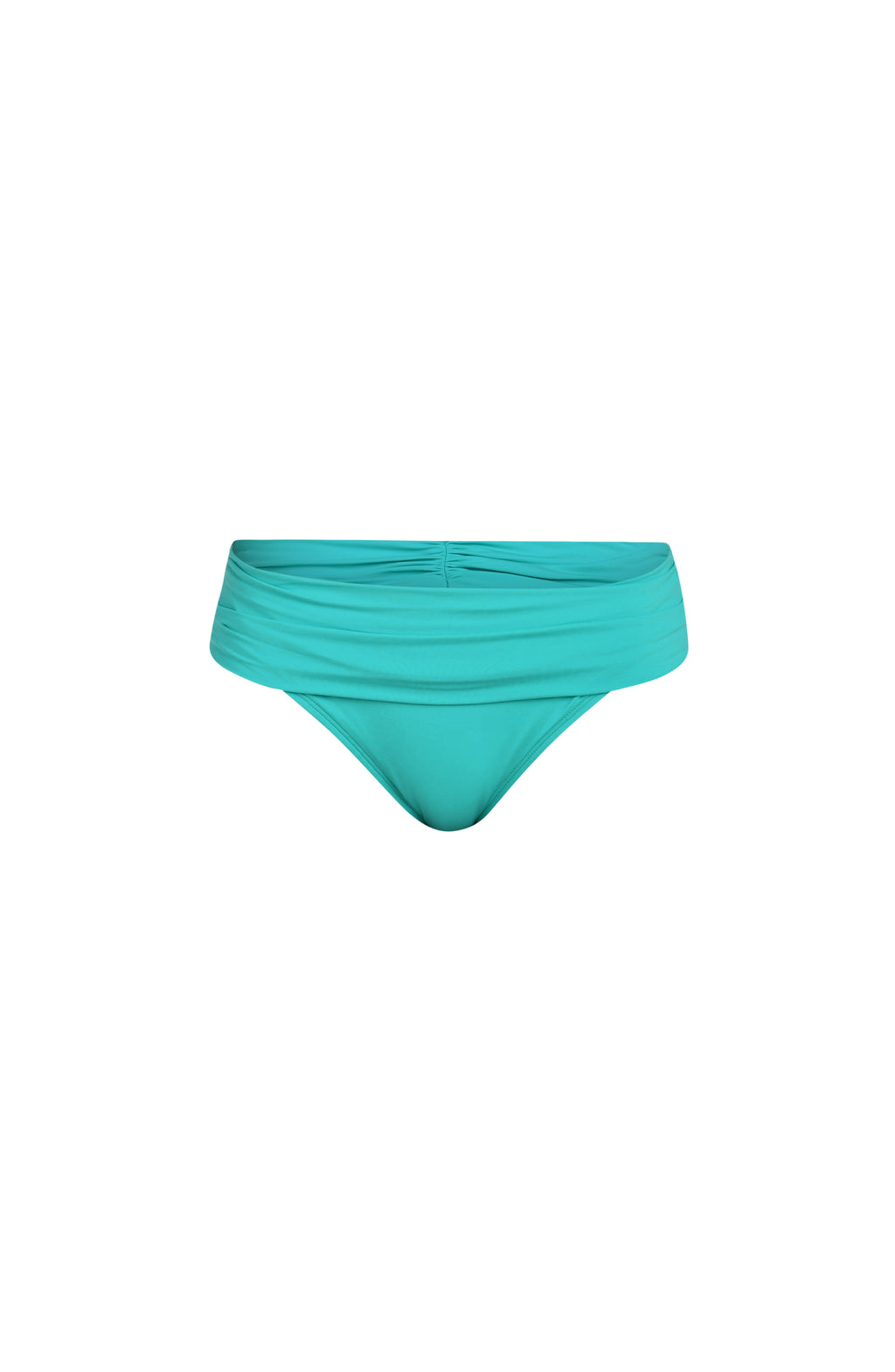 Floating image of calypso colored bikini bottoms with a wide, ruched waistband.
