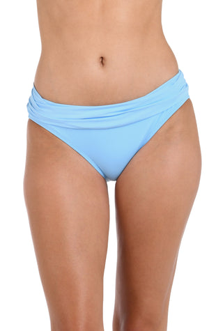 Front image of model wearing the Island Goddess Shirred Band Hipster Swimsuit Bottom in Crystal Blue.