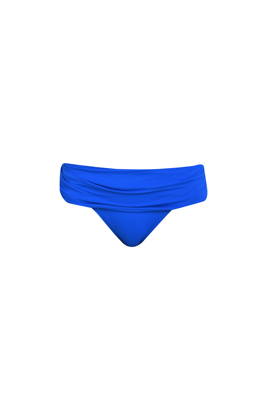 Floating image of lapis (blue) colored bikini bottoms with a wide, ruched waistband.
