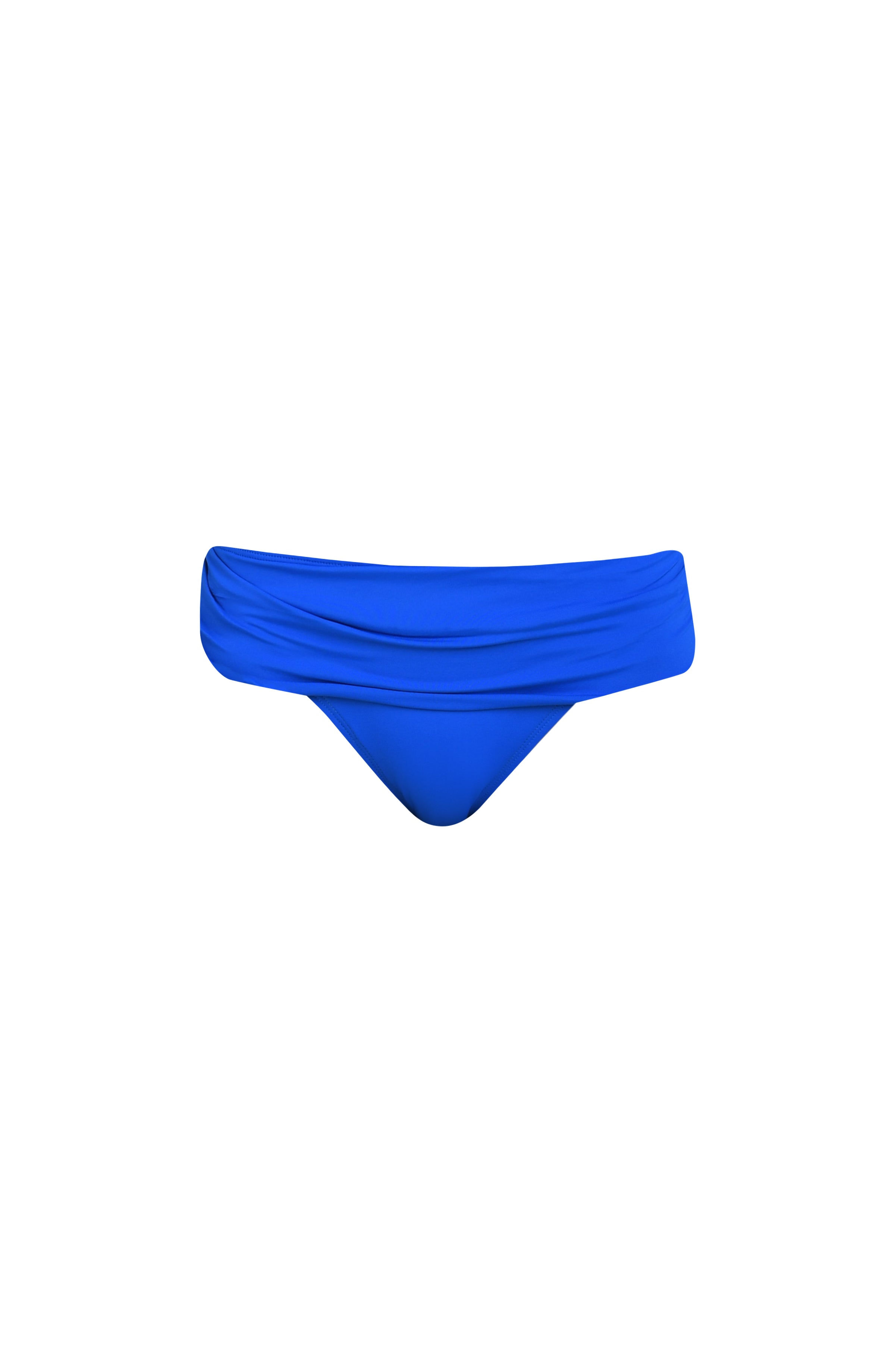 Floating image of lapis (blue) colored bikini bottoms with a wide, ruched waistband.