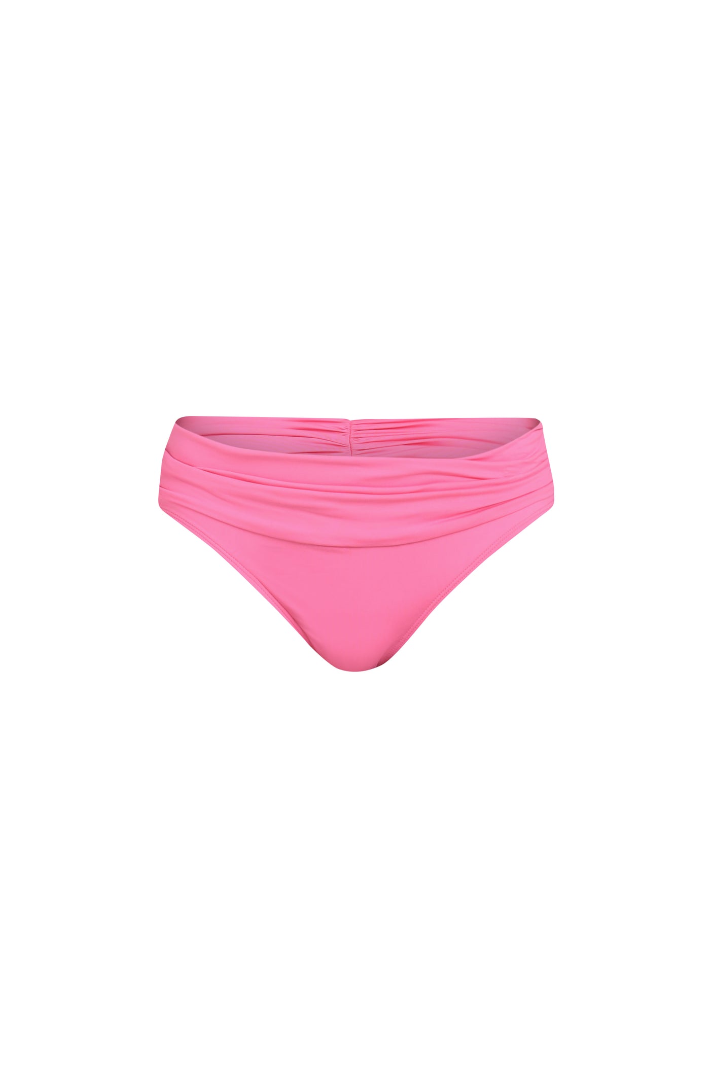 Floating image of a rose pink colored bikini bottoms with a wide, ruched waistband.