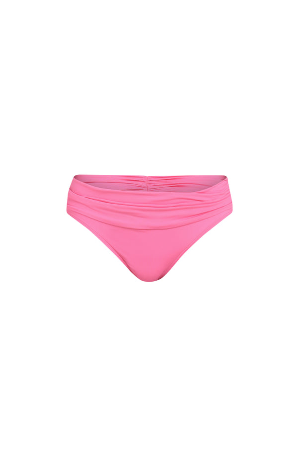 Floating image of a rose pink colored bikini bottoms with a wide, ruched waistband.
