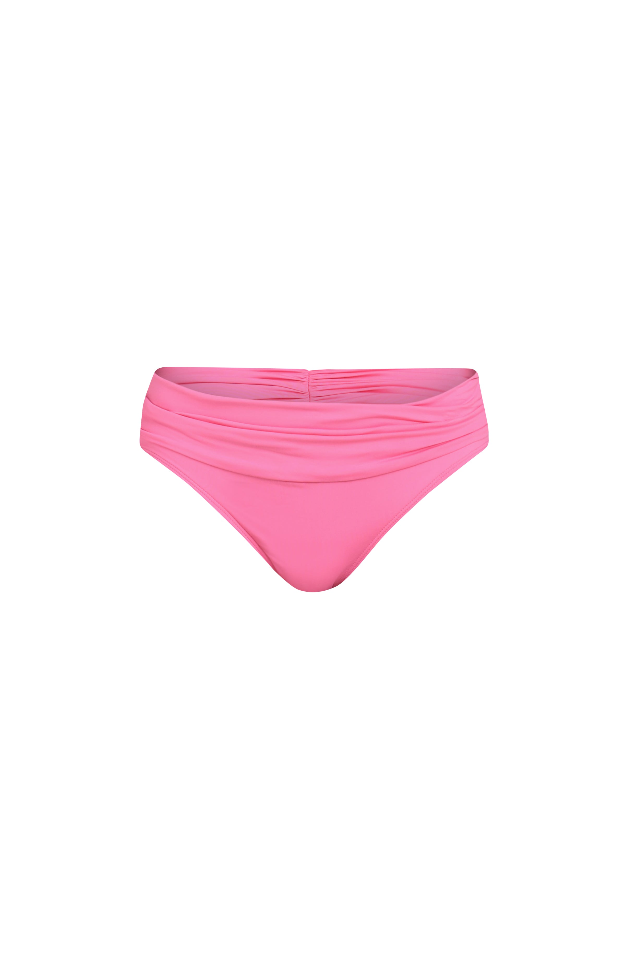Floating image of a rose pink colored bikini bottoms with a wide, ruched waistband.