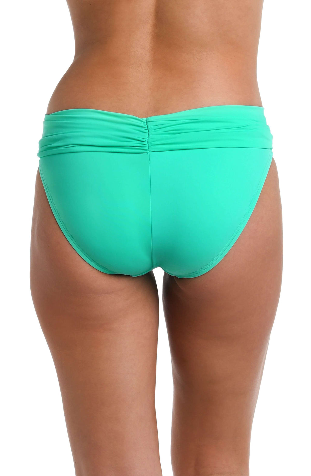Back image of a model wearing a solid seafoam colored Shirred Band Hipster bikini bottom. 