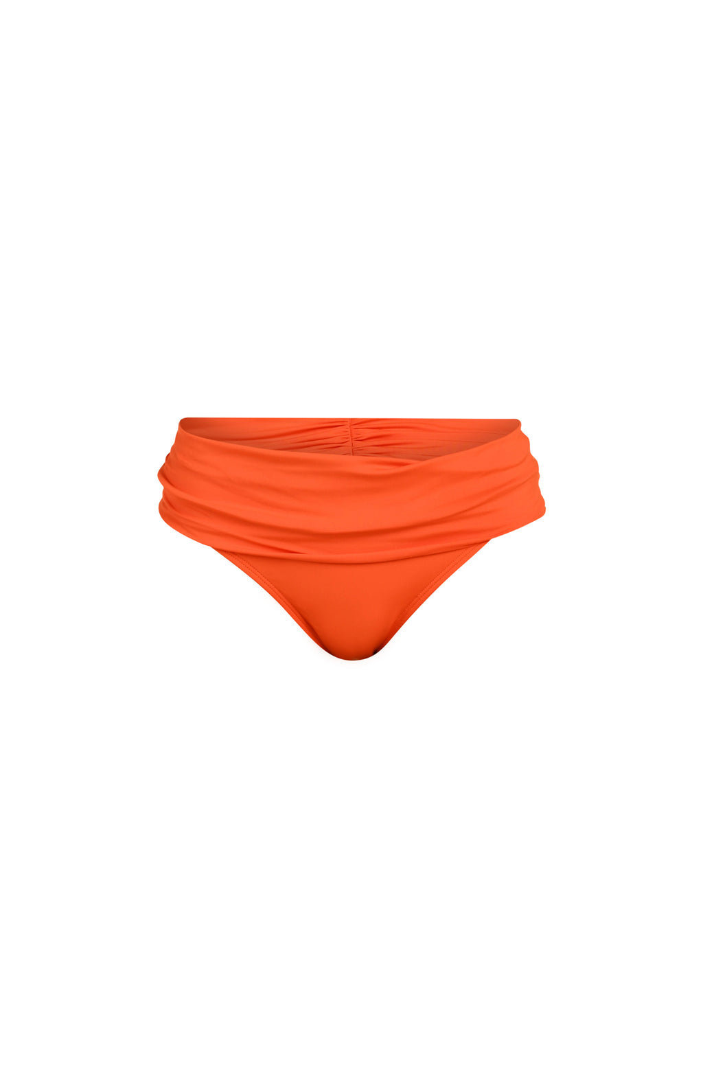 Floating image of a tangelo (orange) colored bikini bottoms with a wide, ruched waistband.