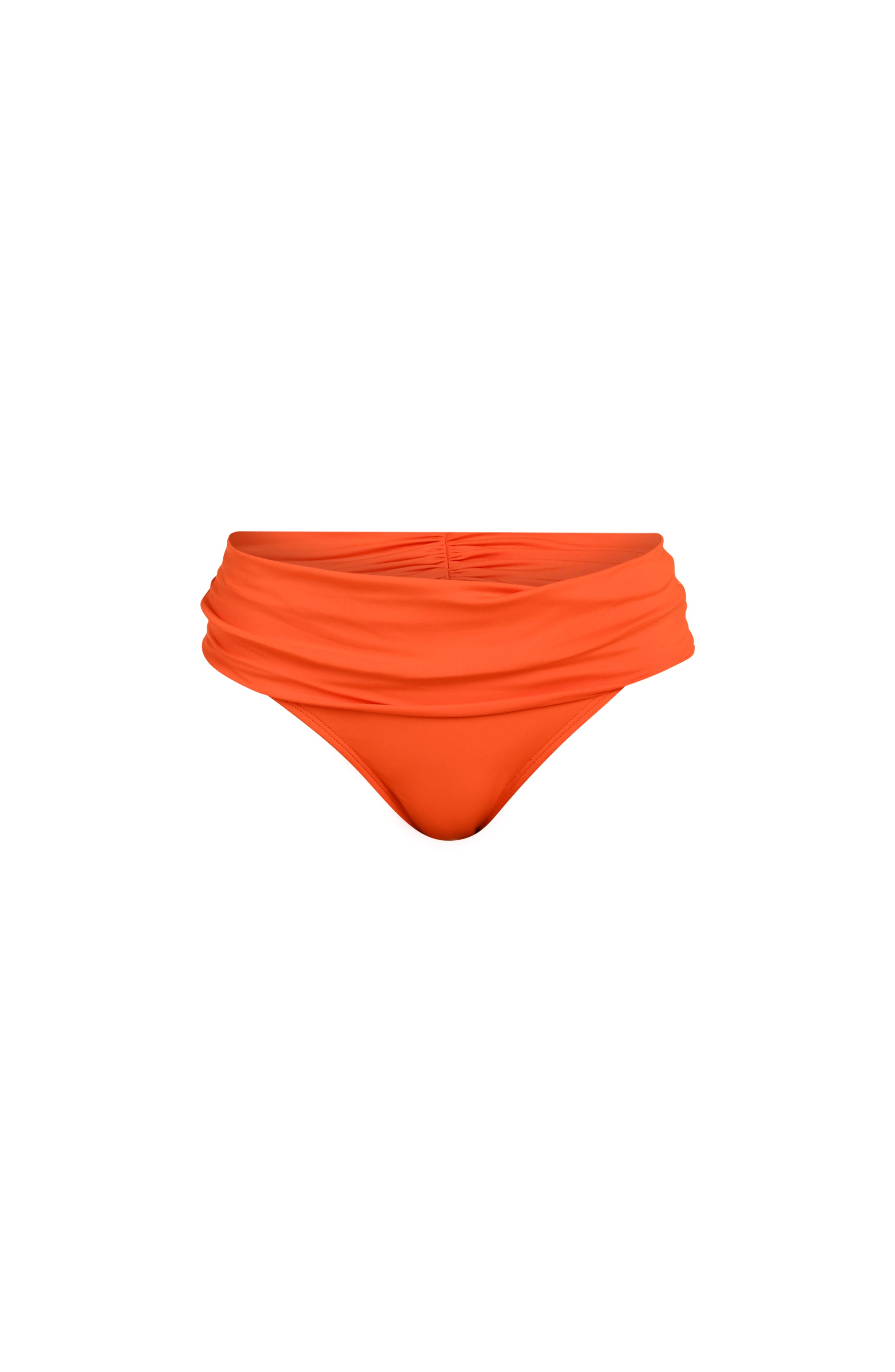 Floating image of a tangelo (orange) colored bikini bottoms with a wide, ruched waistband.