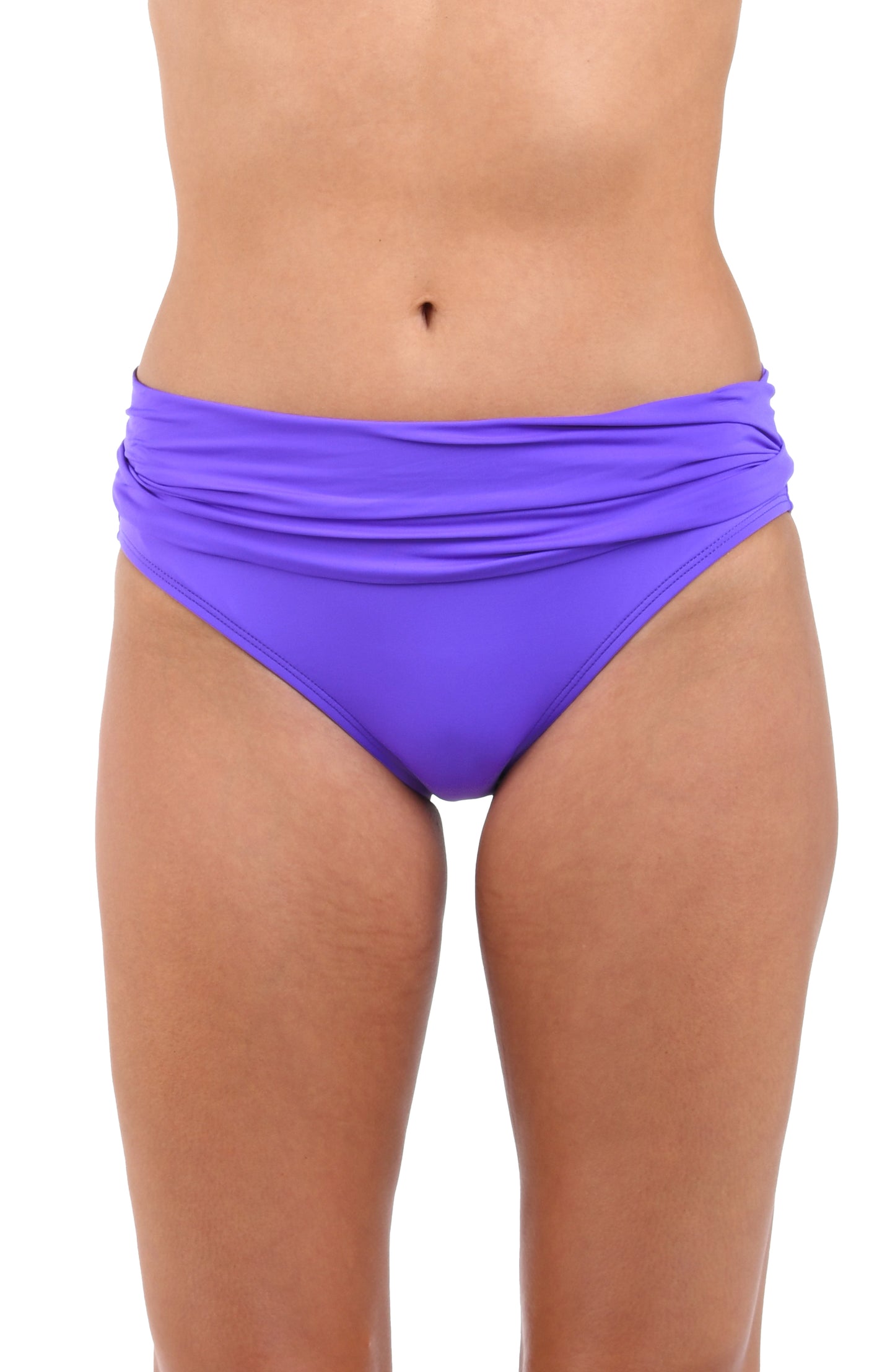 Front image of model wearing the Island Goddess Shirred Band Hipster Bottom in Ultraviolet.