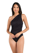 Model is wearing a black one piece swimsuit from our Best-Selling Island Goddess collection.