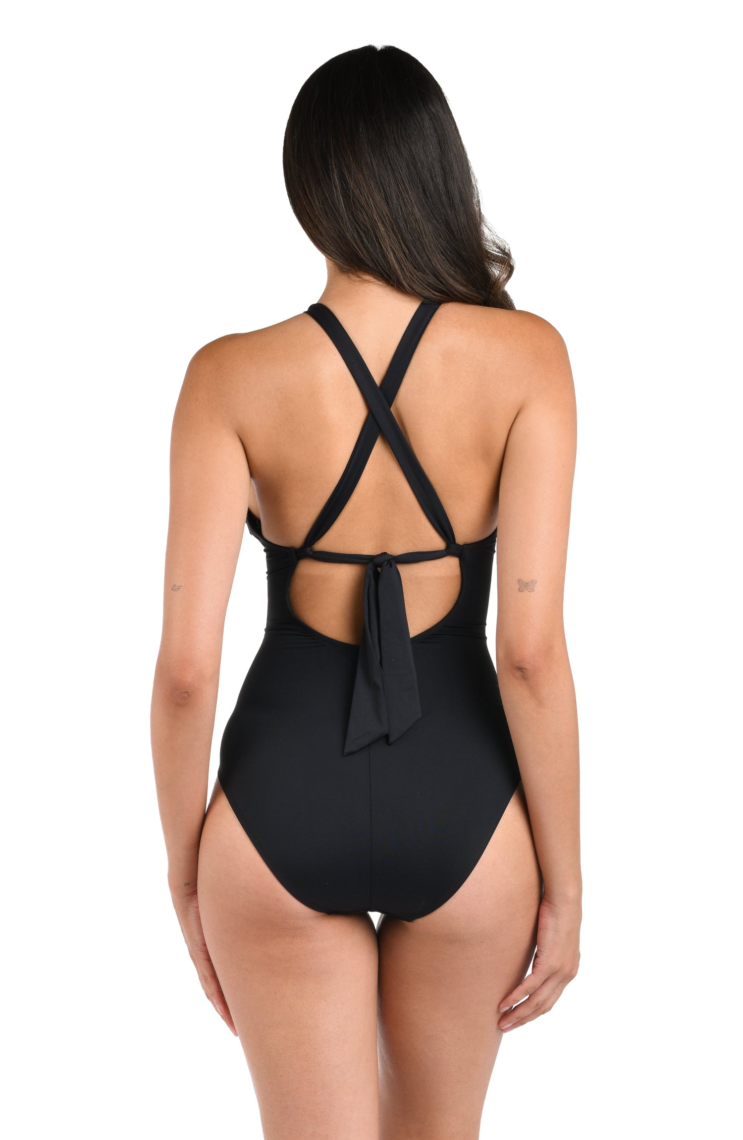 Model is wearing a black one piece swimsuit from our Best-Selling Island Goddess collection.