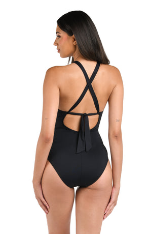 Model is wearing a black one piece swimsuit from our Best-Selling Island Goddess collection.