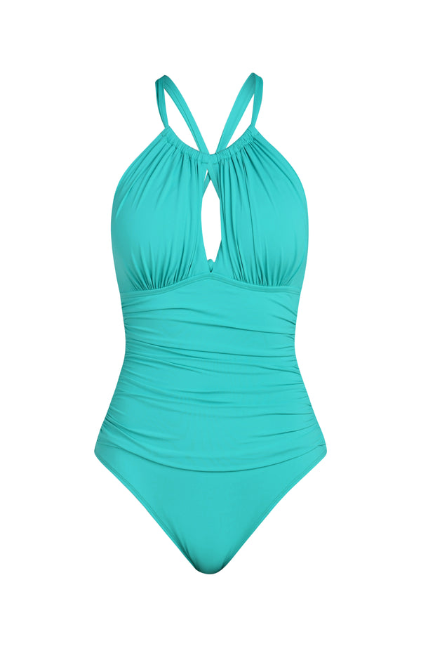 Front image of a calypso colored one-piece swimsuit with a halter neckline, keyhole cutout, and ruched detailing at the waist.