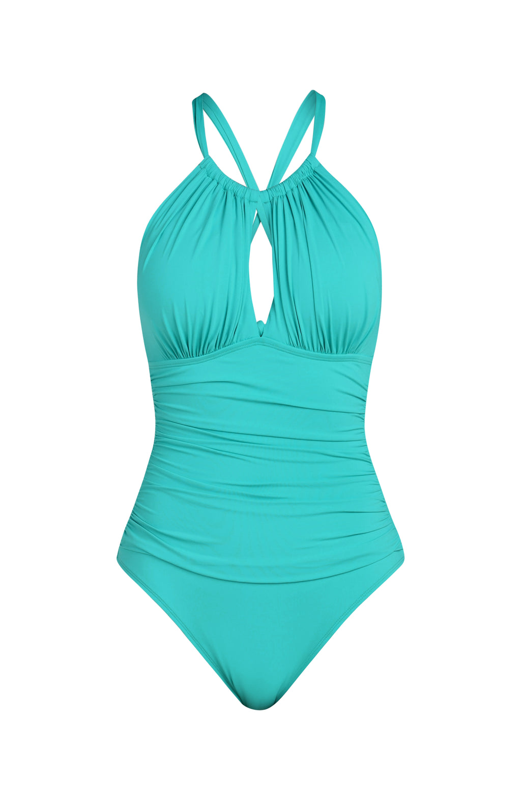 Front image of a calypso colored one-piece swimsuit with a halter neckline, keyhole cutout, and ruched detailing at the waist.