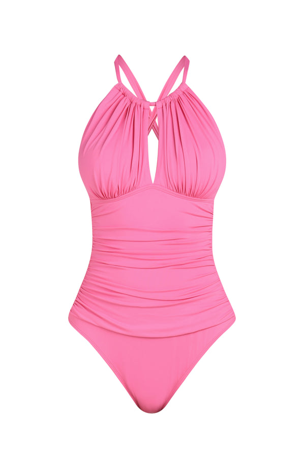Front image of a rose pink colored one-piece swimsuit with a halter neckline, keyhole cutout, and ruched detailing at the waist.