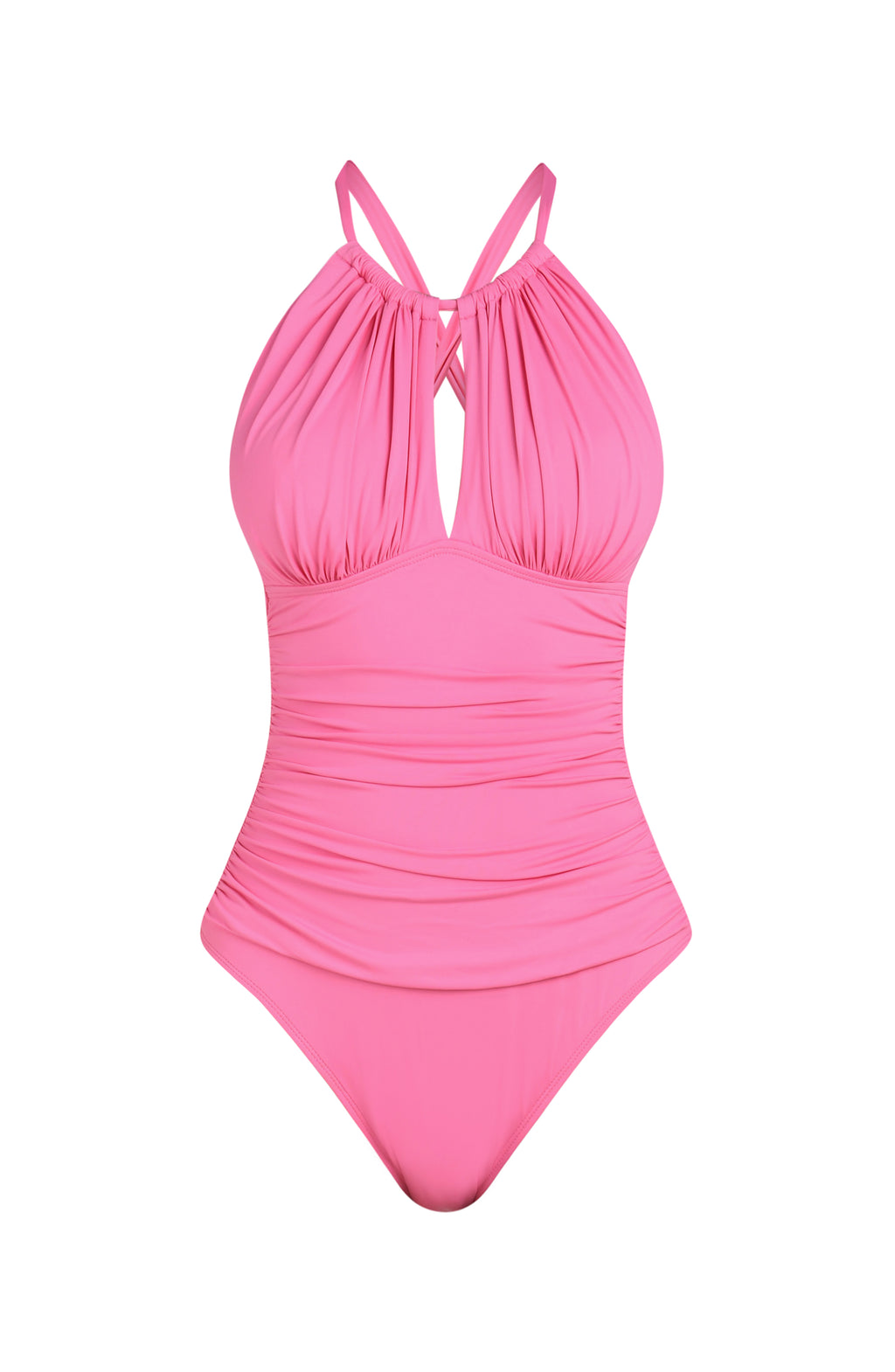 Front image of a rose pink colored one-piece swimsuit with a halter neckline, keyhole cutout, and ruched detailing at the waist.