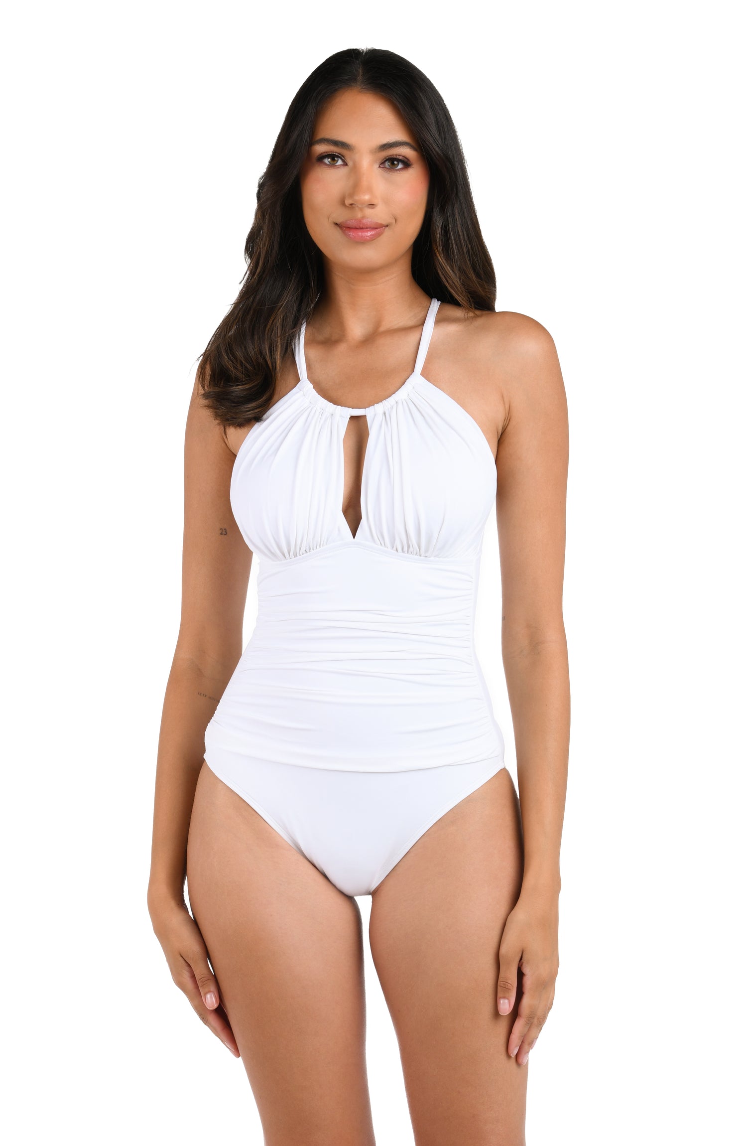 Model is wearing a white Island Goddess High Neck Keyhole One Piece Swimsuit